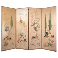 Anglo-Persian Needlepoint Four Panel Room Divider Screen C.1930