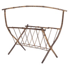 French 1950's Faux Bamboo Gilded Iron Metal Magazine Rack
