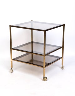 French 1970's Brass & Smoked Glass Maison Jansen Three-Tier Etagere Side Table