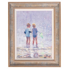 Framed Oil on Canvas 'Boys Fishing' English School, C.1980