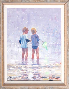 Framed Oil on Canvas 'Boys Fishing' English School, C.1980