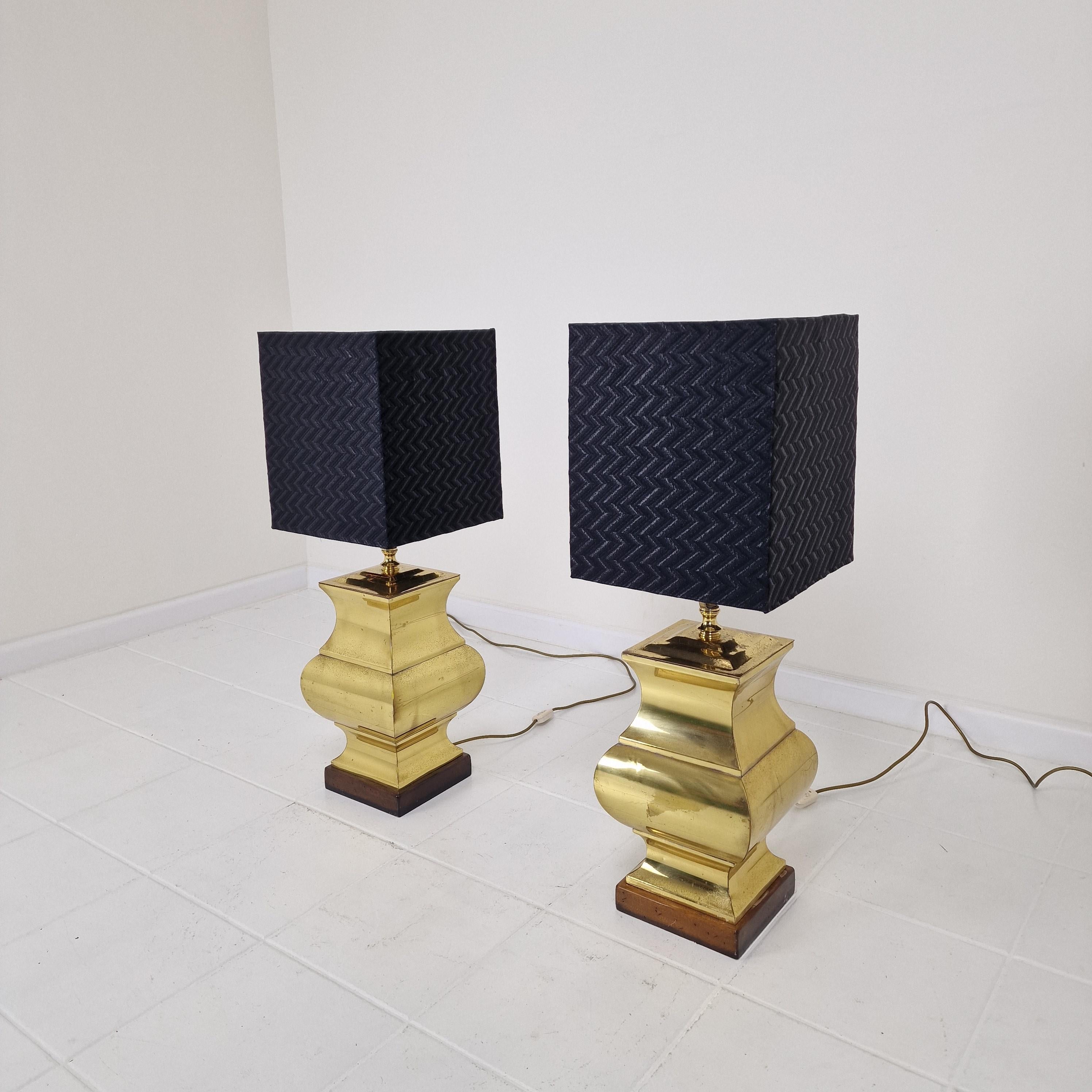 Hand-Crafted Pair of Large Italian Regency Style Table Lamps – Brass & Wood with Black Shades For Sale