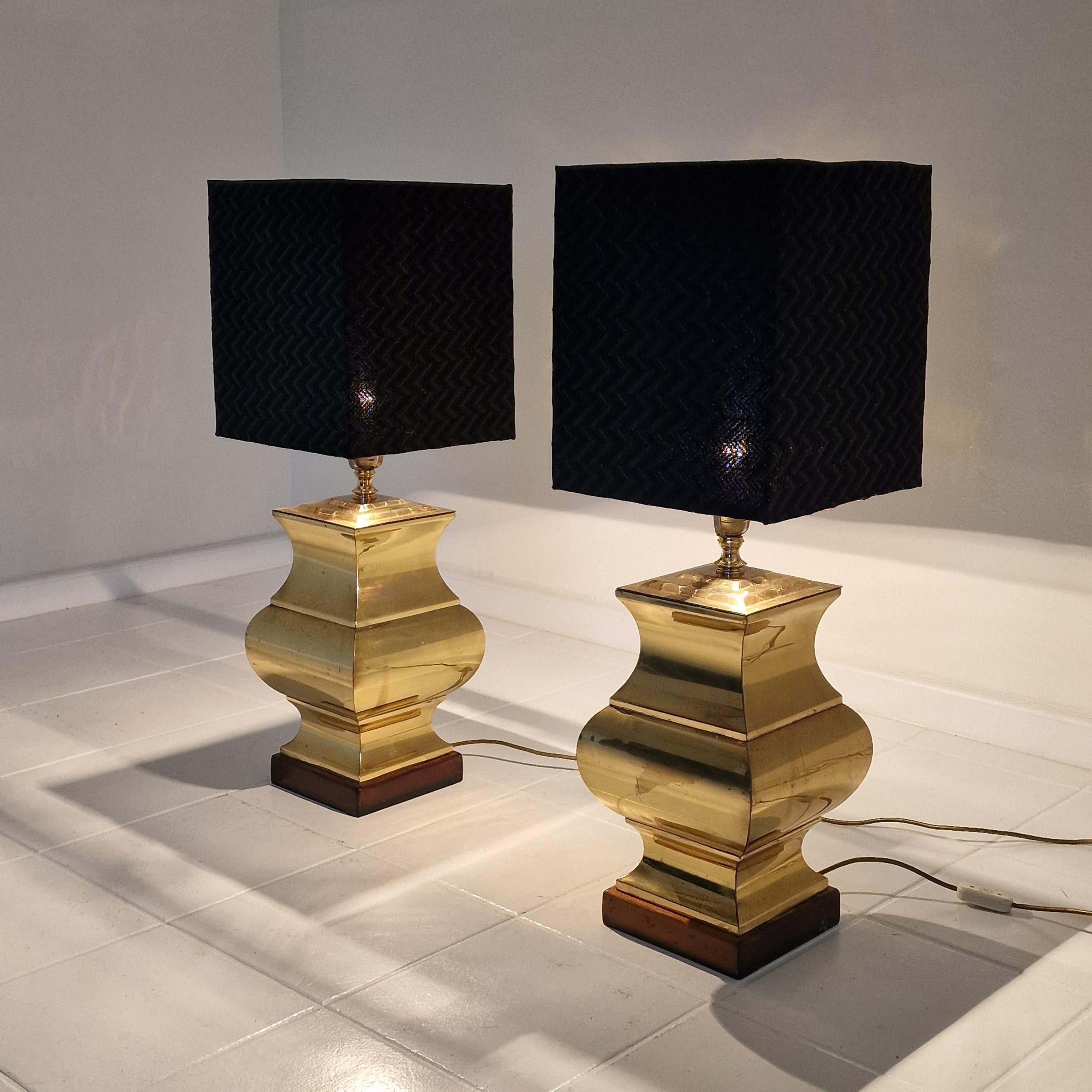Late 20th Century Pair of Large Italian Regency Style Table Lamps – Brass & Wood with Black Shades For Sale