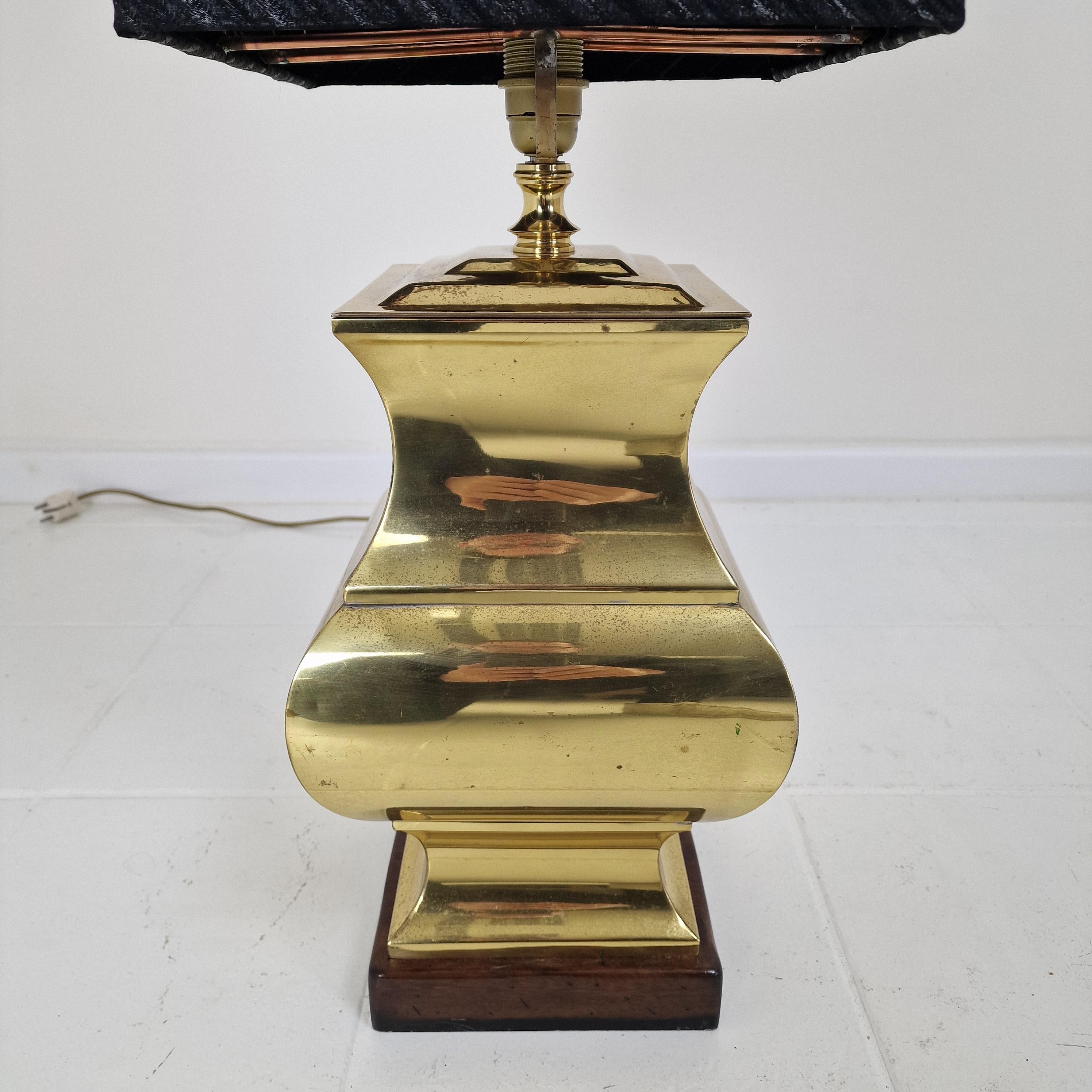 Pair of Large Italian Regency Style Table Lamps – Brass & Wood with Black Shades For Sale 4