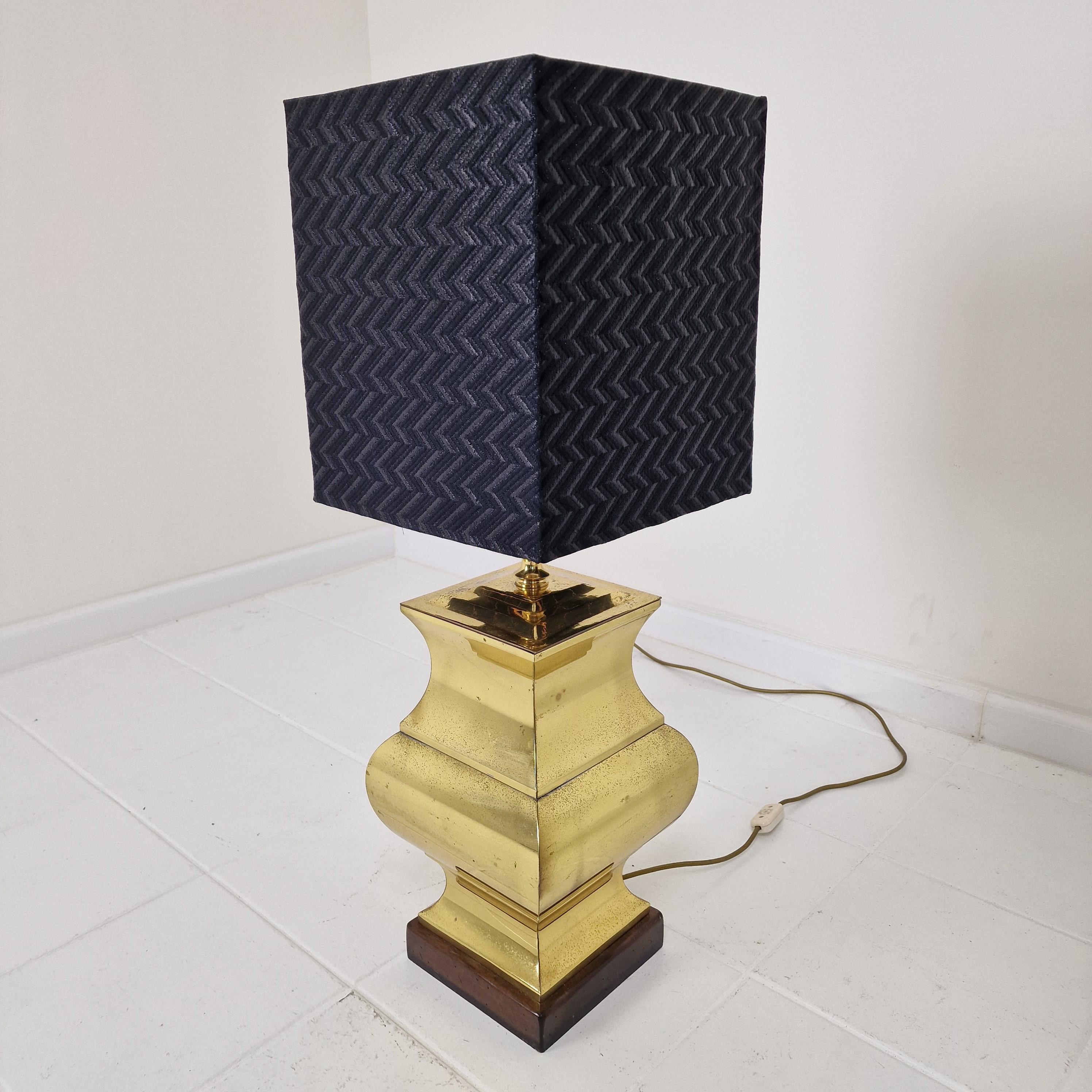 Pair of Large Italian Regency Style Table Lamps – Brass & Wood with Black Shades For Sale 2