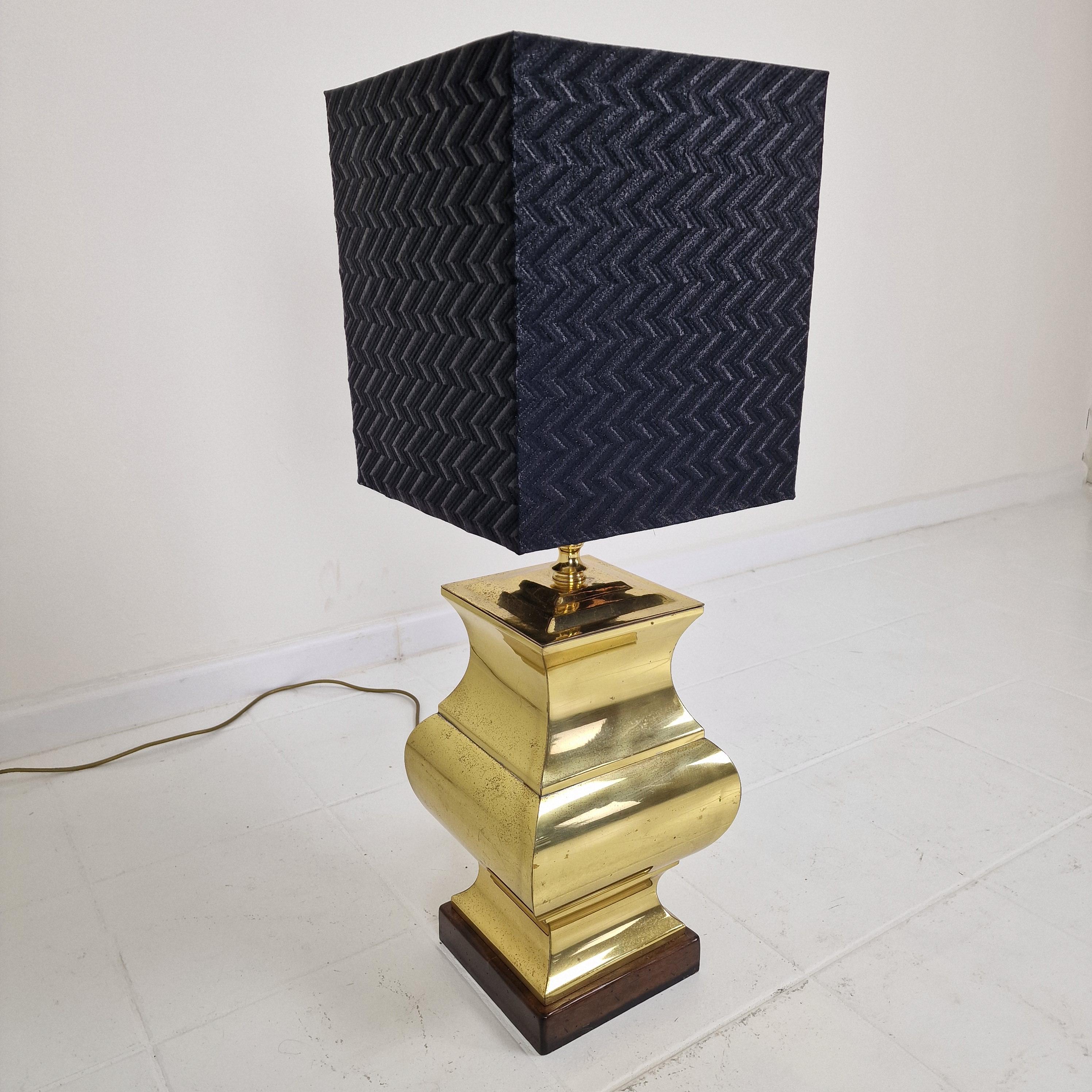 Pair of Large Italian Regency Style Table Lamps – Brass & Wood with Black Shades For Sale 3