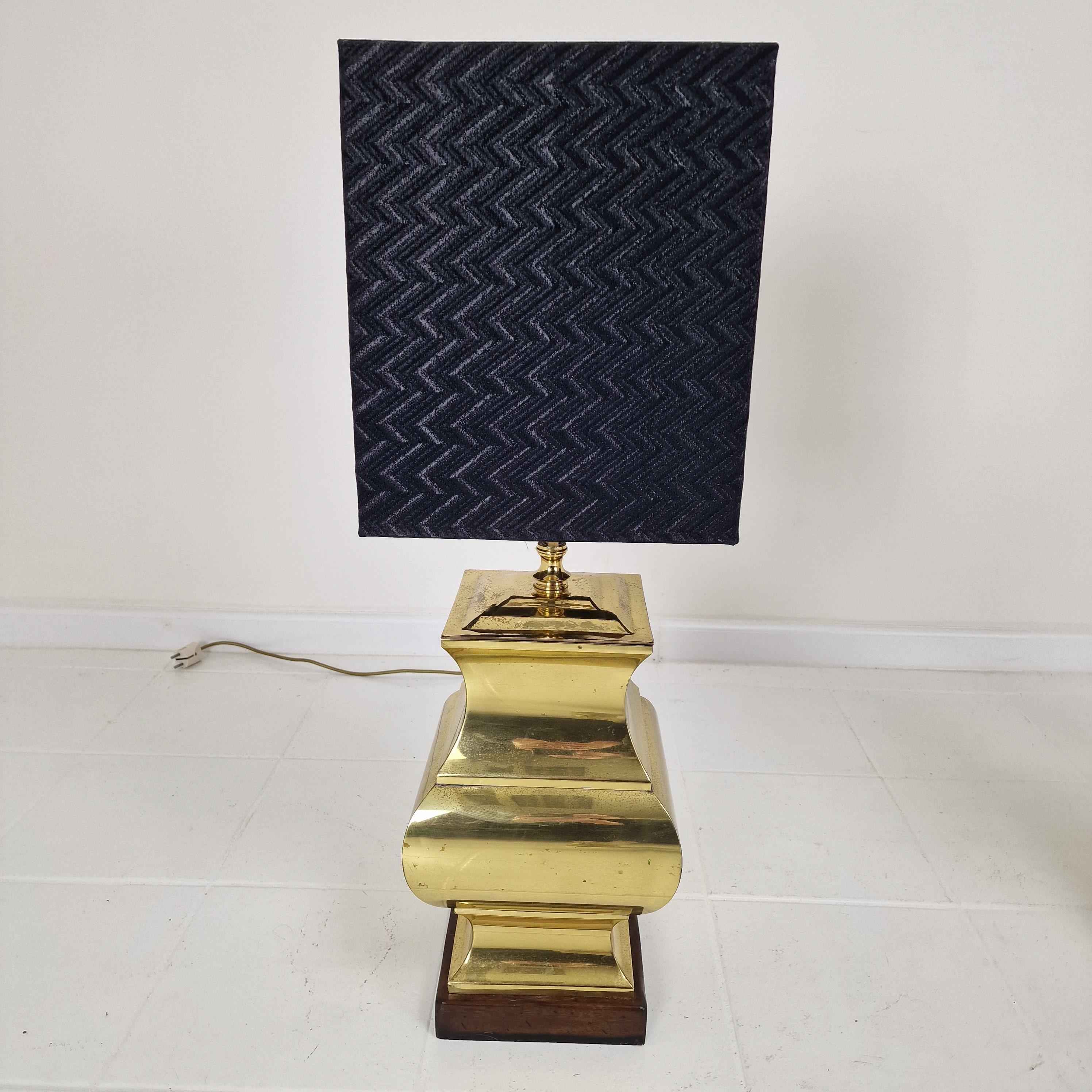 Pair of Large Italian Regency Style Table Lamps – Brass & Wood with Black Shades For Sale 1