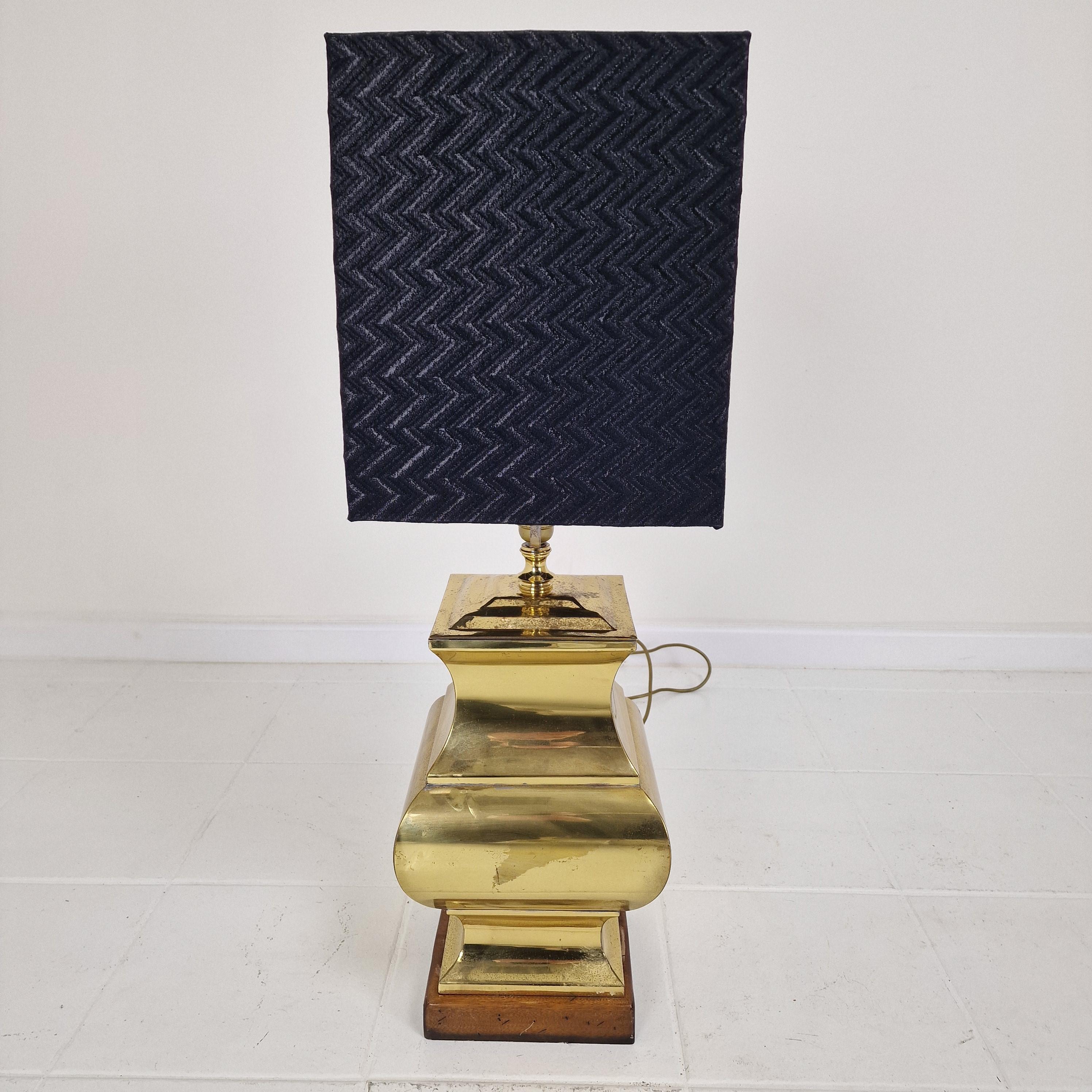 Pair of Large Italian Regency Style Table Lamps – Brass & Wood with Black Shades For Sale 9