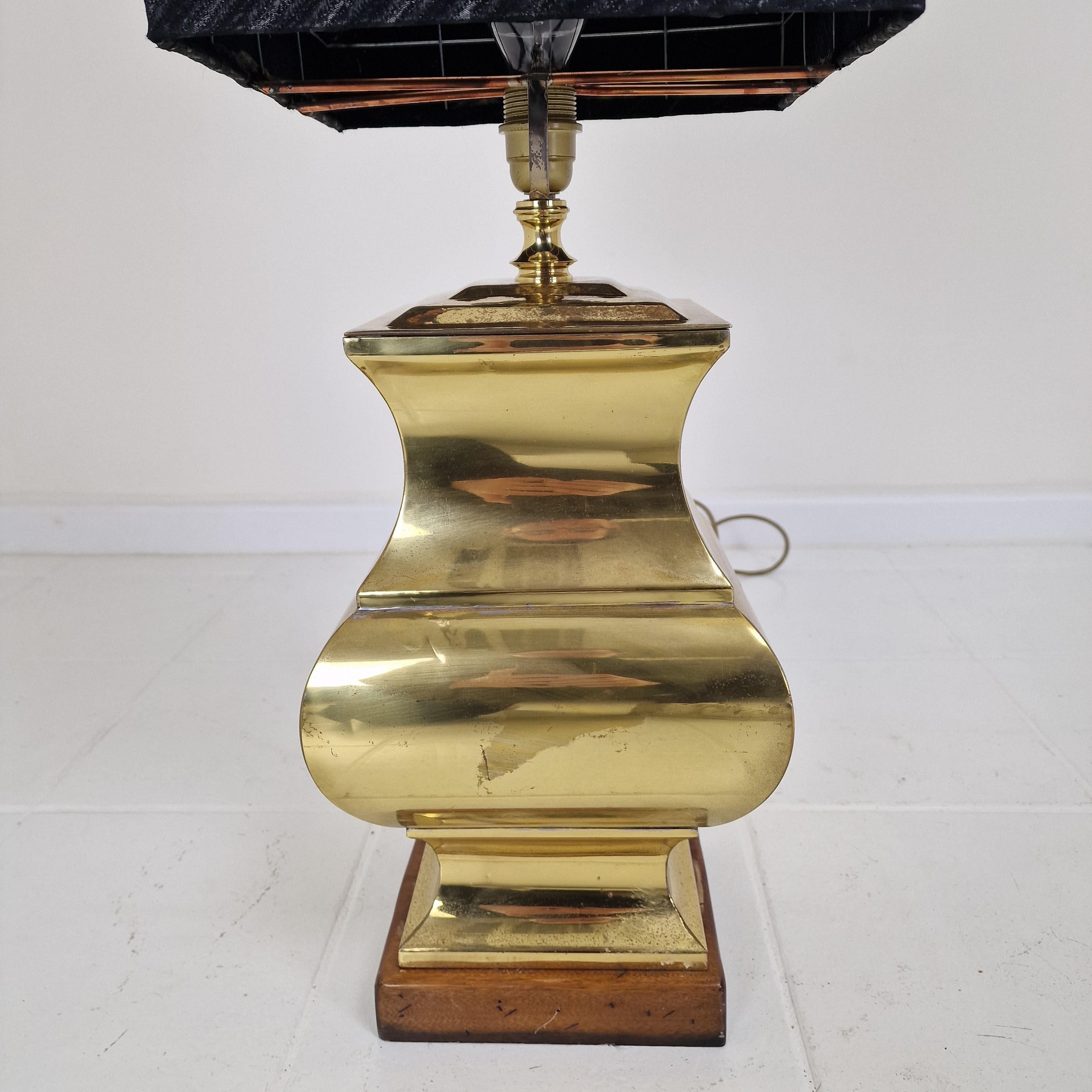Pair of Large Italian Regency Style Table Lamps – Brass & Wood with Black Shades For Sale 12