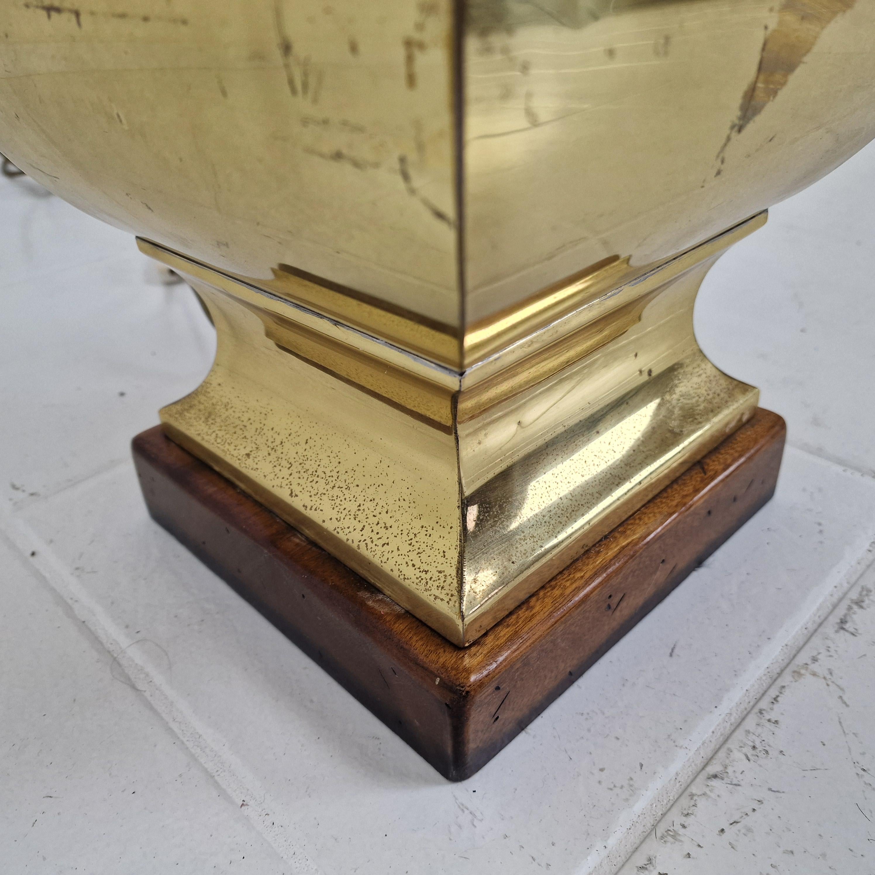 Pair of Large Italian Regency Style Table Lamps – Brass & Wood with Black Shades For Sale 13
