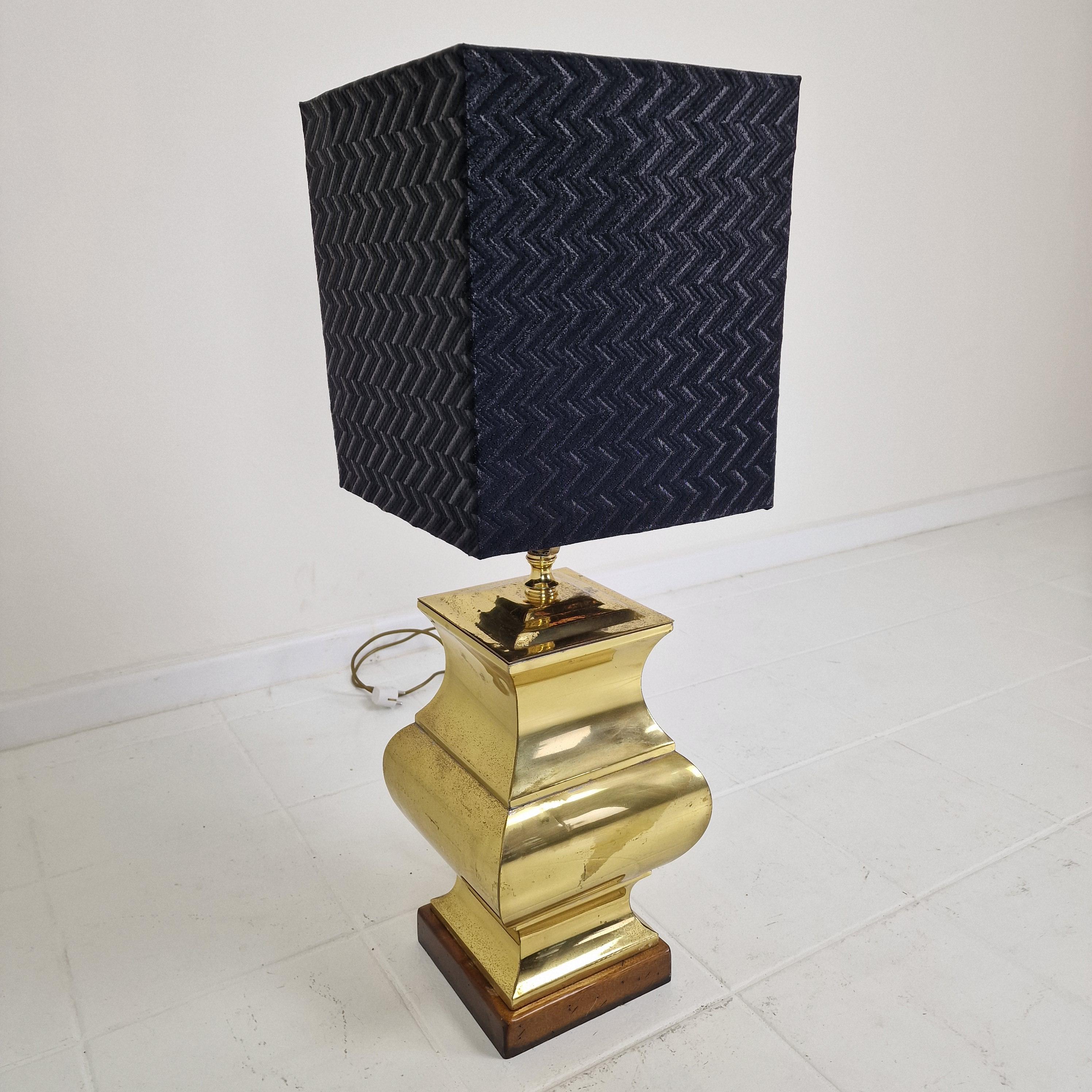 Pair of Large Italian Regency Style Table Lamps – Brass & Wood with Black Shades For Sale 11
