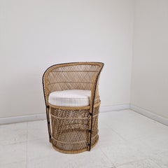 Mid-Century Boho Chic Rattan Barrel Chair with Custom Outdoor Cushion 1970's
