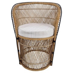 Mid-Century Boho Chic Rattan Barrel Chair with Custom Outdoor Cushion 1970's
