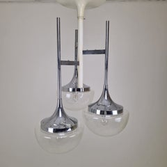 Italian 3-Light Cascade Chandelier in Chrome and Hand-Blown Pulegoso Glass, 1970