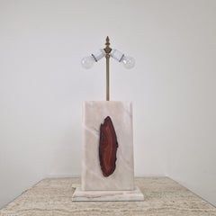 Exclusive Belgian Brutalist Cream Marble Table Lamp with Agate Inlay, 1970's
