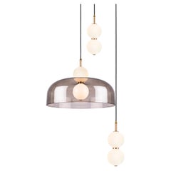 Echo 3-Piece, Lamp and Shade. Opal Glass Orbs, Smoked Shade and Brass Details