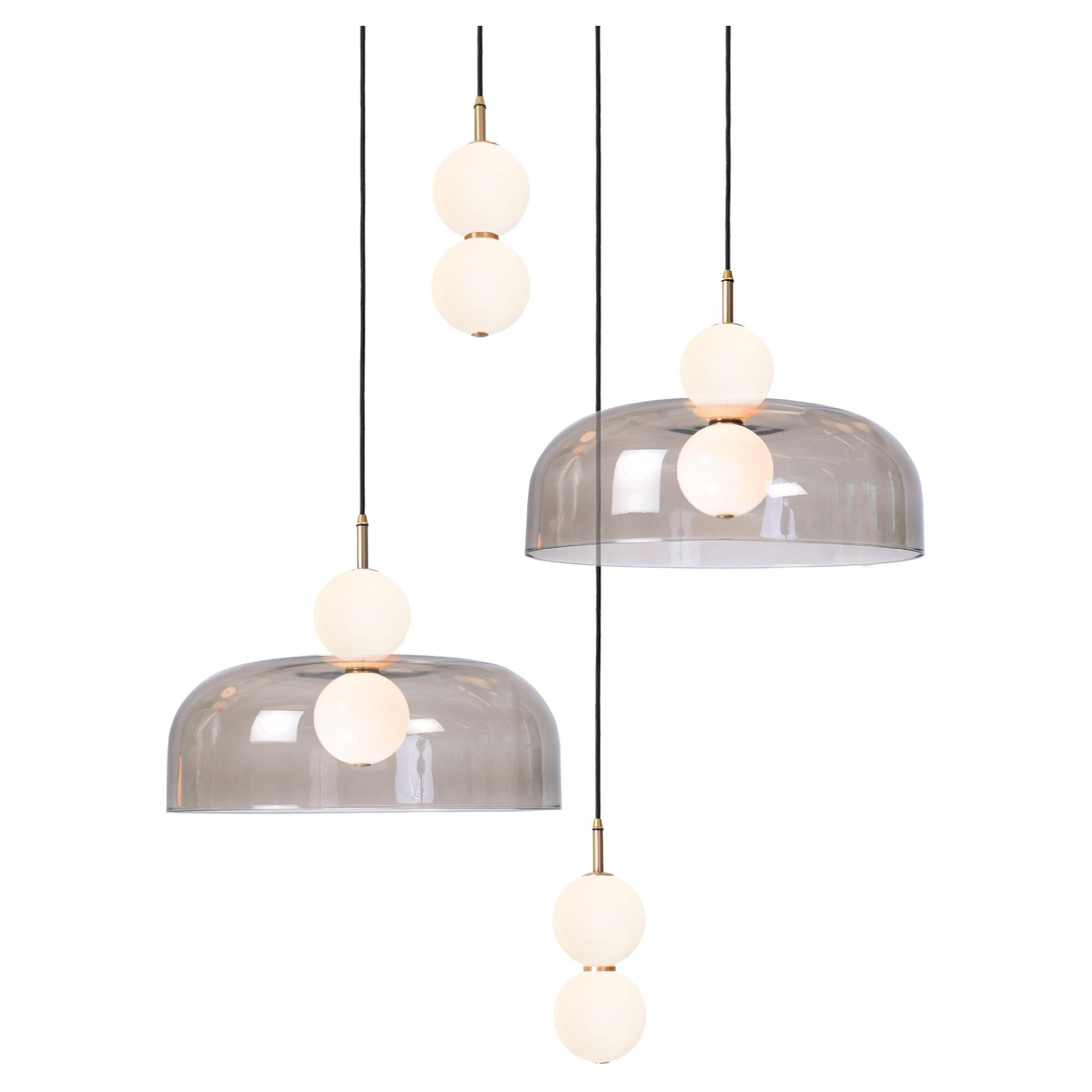 Echo 4-Piece, Lamp and Shade. Opal Glass Orbs, Smoked Shade and Brass Details For Sale