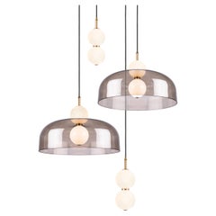 Echo 4-Piece, Lamp and Shade. Opal Glass Orbs, Smoked Shade and Brass Details