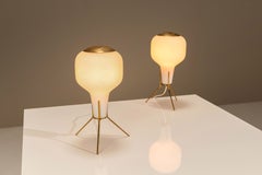 Pair of Opaline Glass and Brass Tripod Table Lamps, in the Style of Angelo Lelii