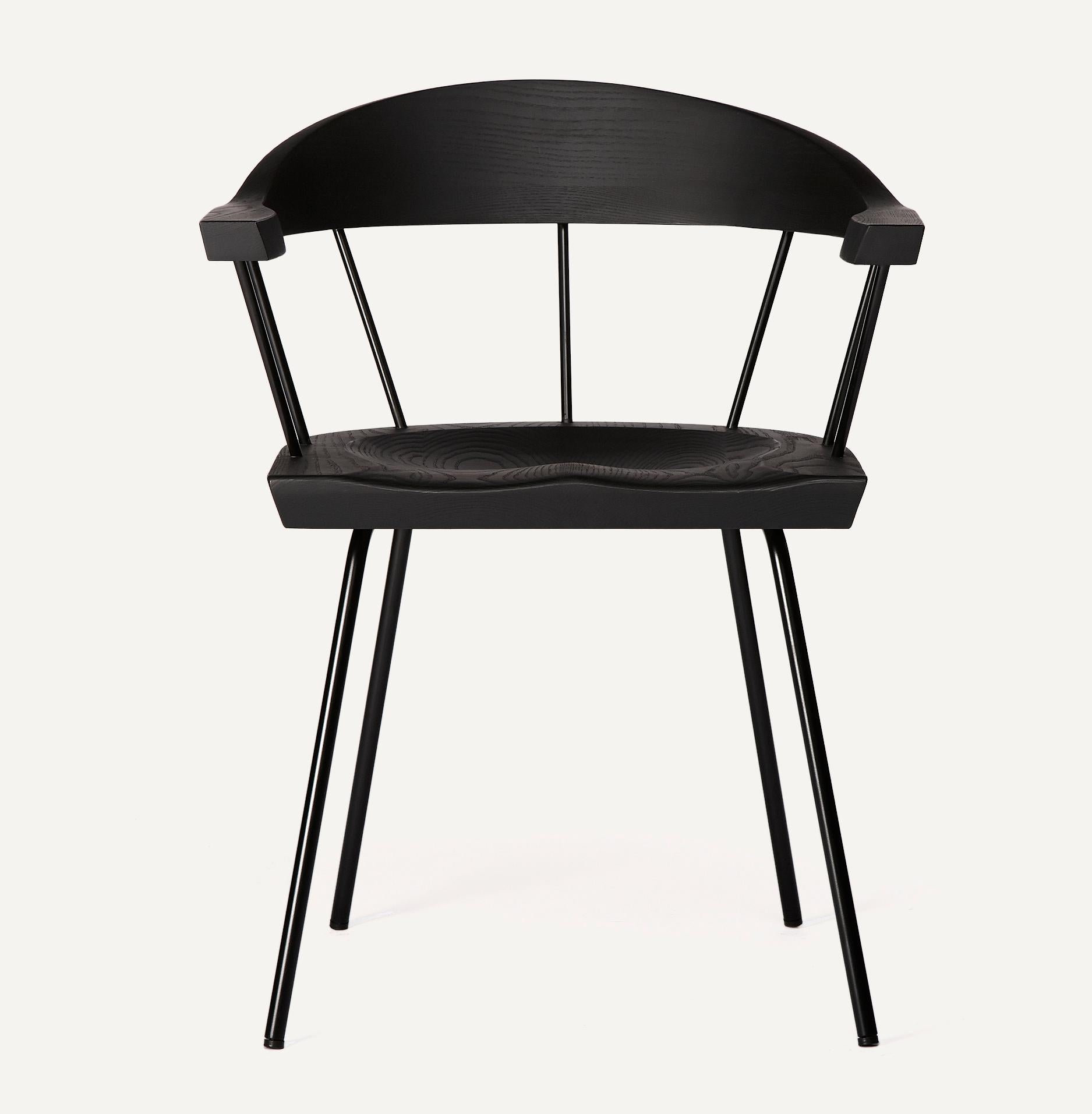 For Sale: Black (Metal Matte Black) Spindle Chair in Solid, Carved Ebonized Ash and Steel Designed by Craig Bassam 3