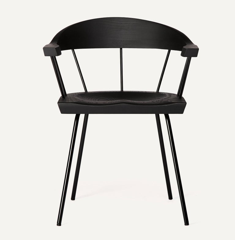 Customizable Spindle Chair in Solid, Carved Ebonized Ash and Steel