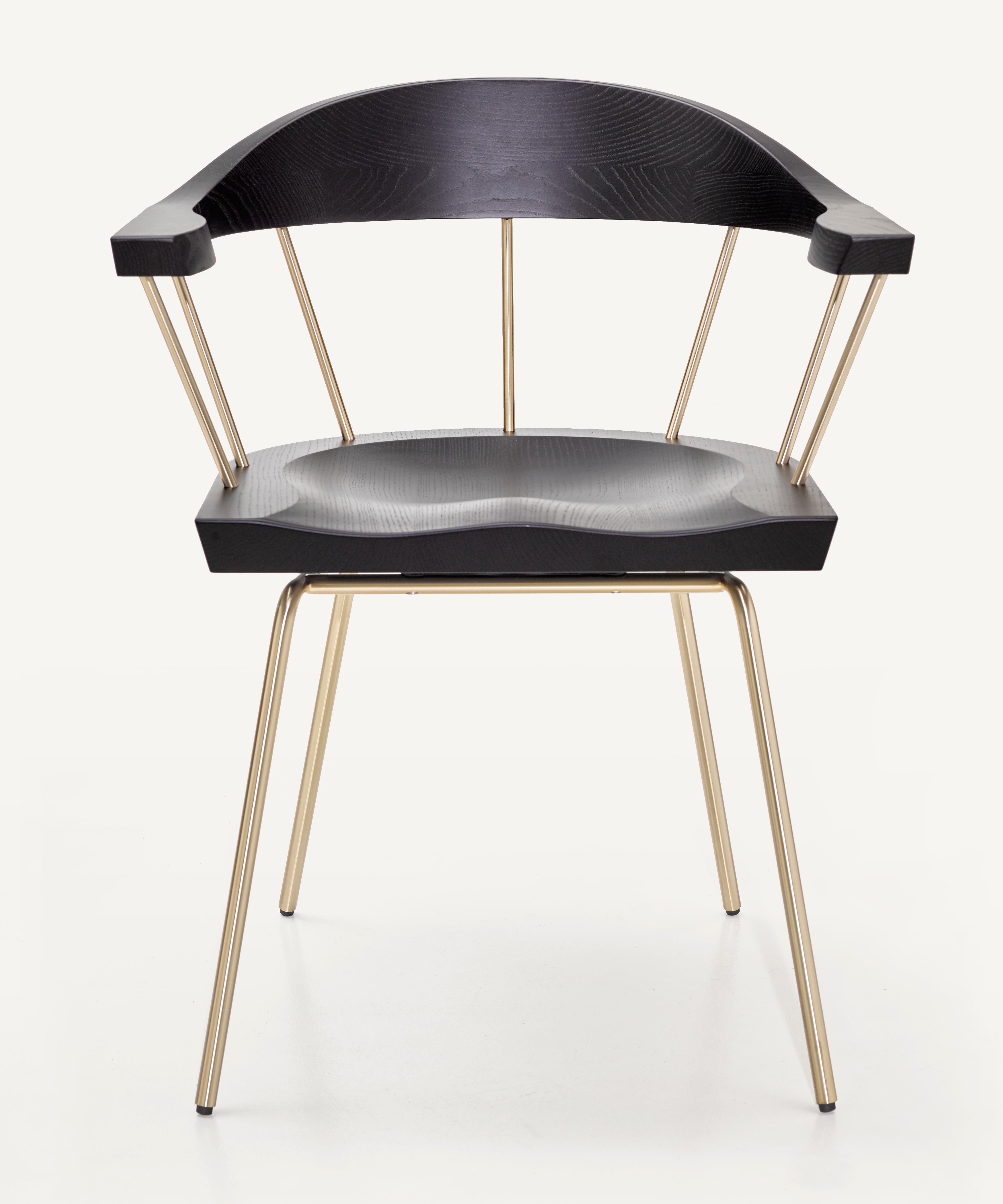 For Sale: Brown (Metal Satin Brass) Spindle Chair in Solid, Carved Ebonized Ash and Steel Designed by Craig Bassam 3