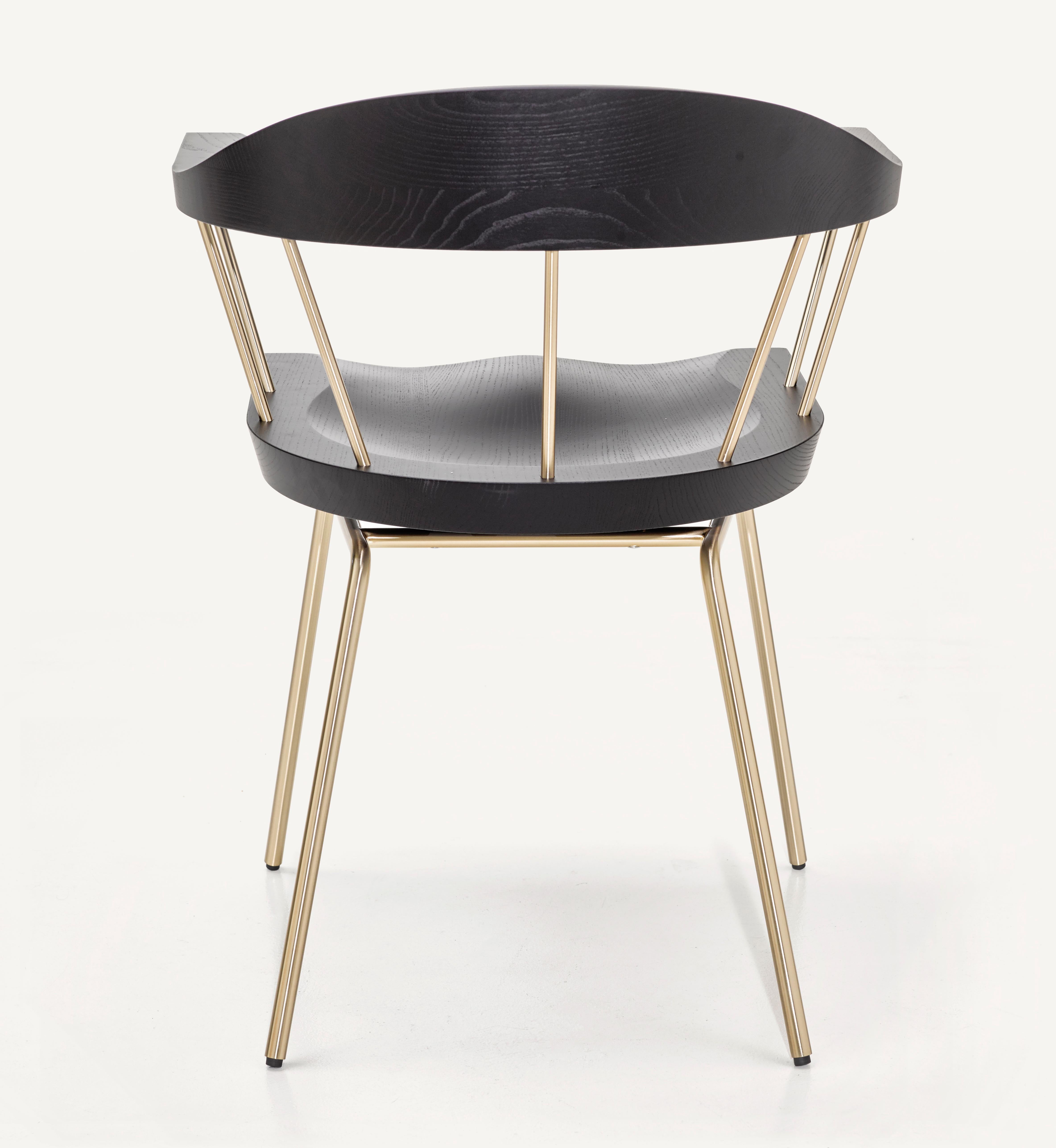 For Sale: Brown (Metal Satin Brass) Spindle Chair in Solid, Carved Ebonized Ash and Steel Designed by Craig Bassam 4
