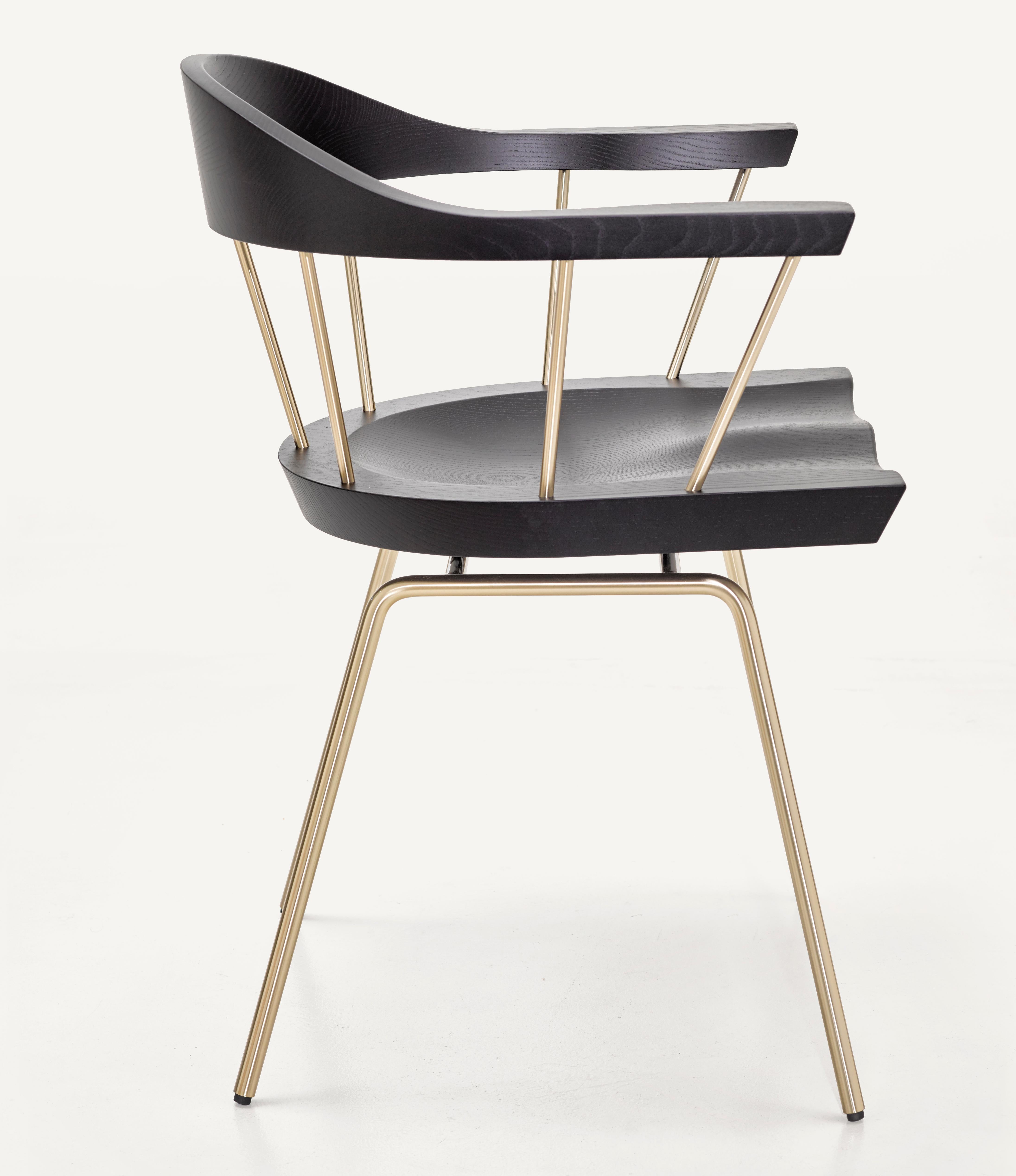 For Sale: Brown (Metal Satin Brass) Spindle Chair in Solid, Carved Ebonized Ash and Steel Designed by Craig Bassam 5