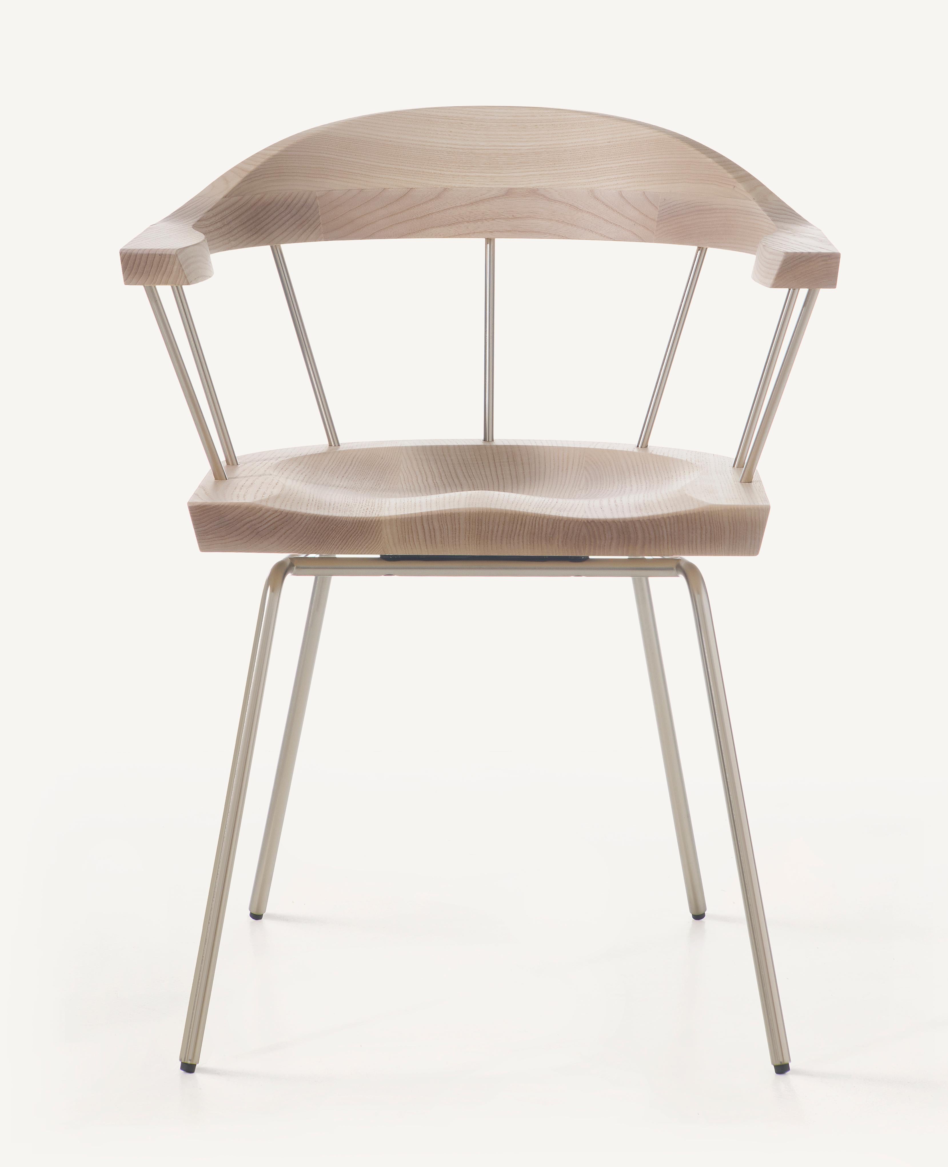 For Sale: Silver (Metal Satin Nickel) Spindle Chair in Solid, Carved White Ash and Steel Designed by Craig Bassam 3