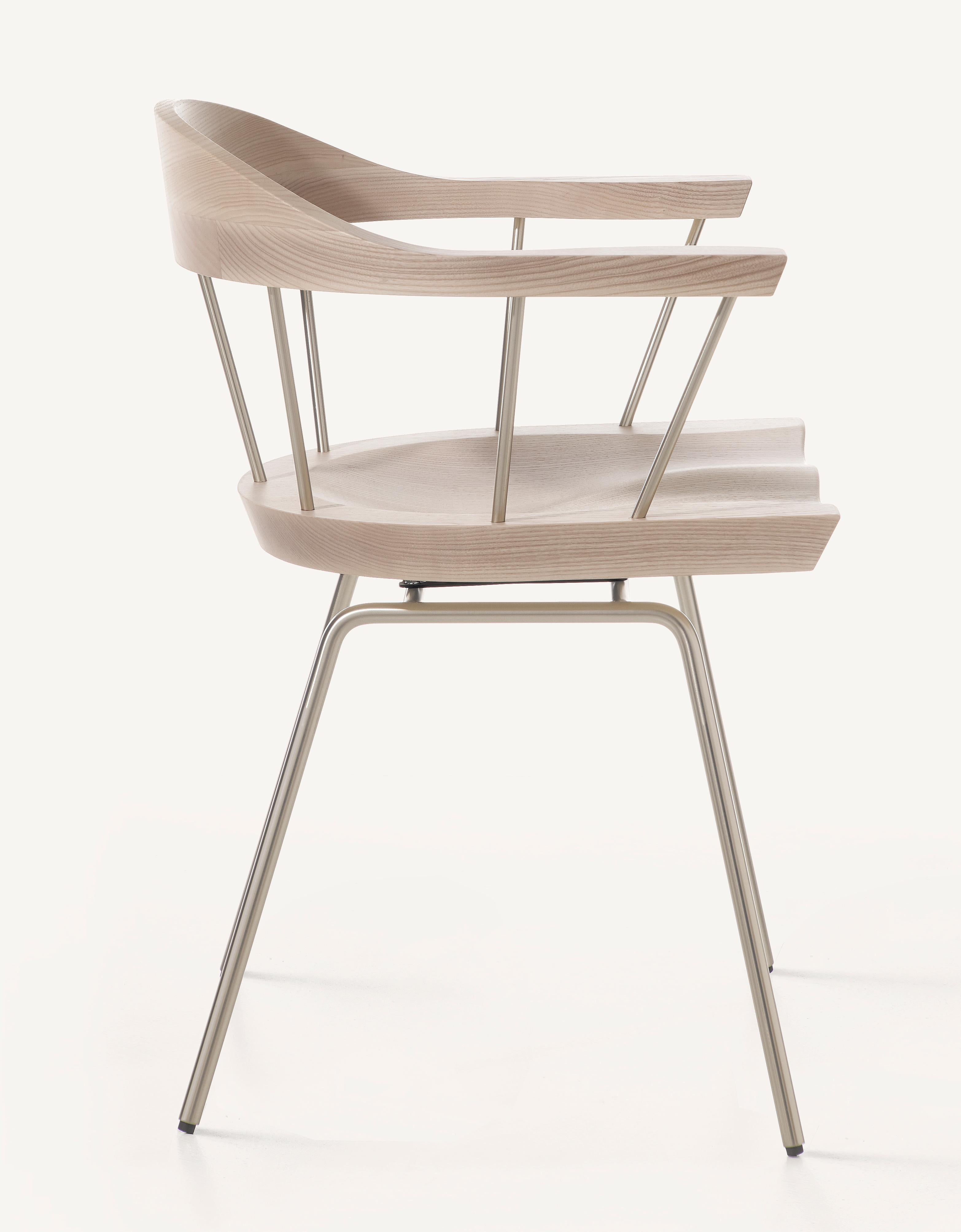 For Sale: Silver (Metal Satin Nickel) Spindle Chair in Solid, Carved White Ash and Steel Designed by Craig Bassam 5