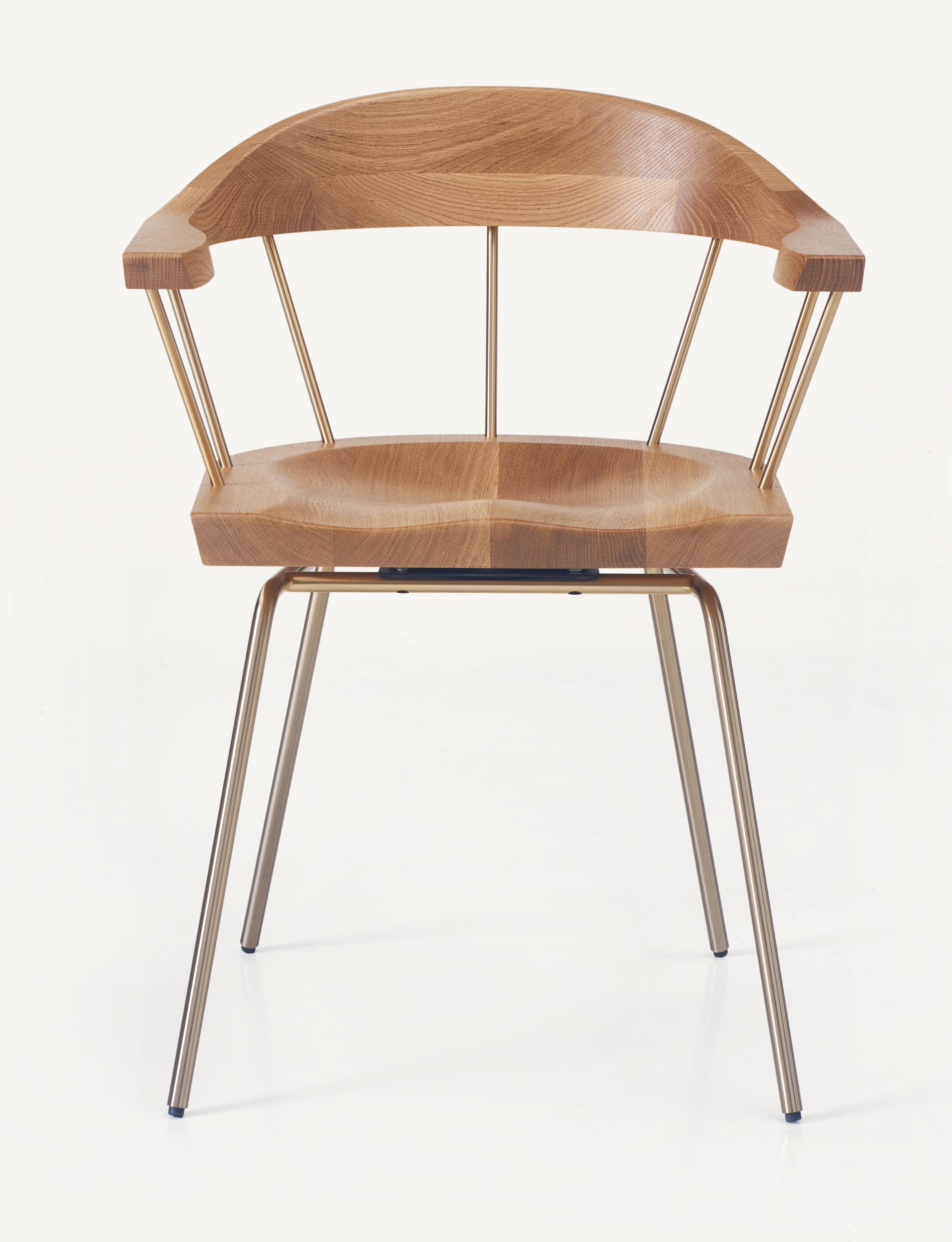 For Sale: Brown (Metal Satin Brass) Spindle Chair in Solid, Carved White Oak and Steel Designed by Craig Bassam 3