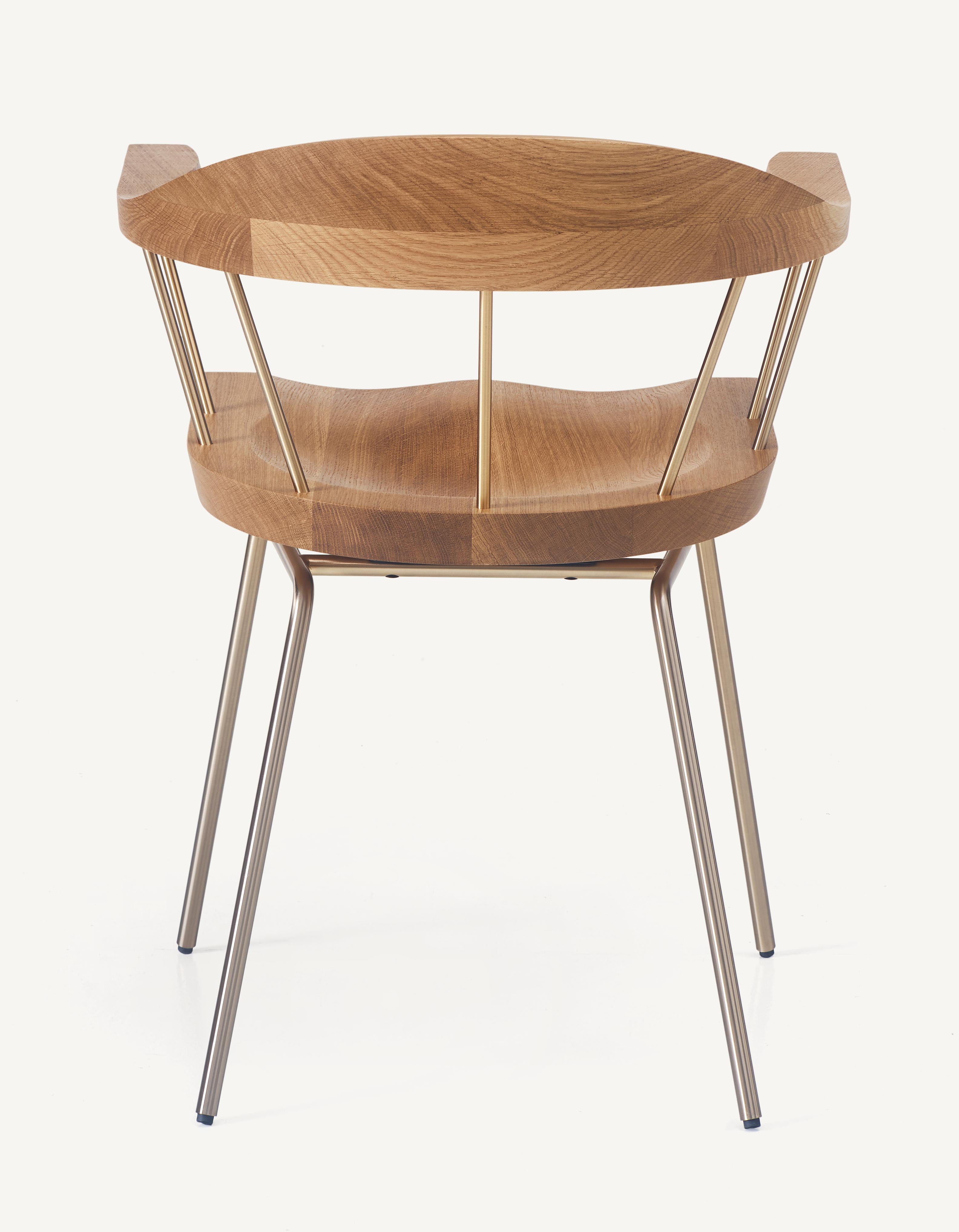 For Sale: Brown (Metal Satin Brass) Spindle Chair in Solid, Carved White Oak and Steel Designed by Craig Bassam 4