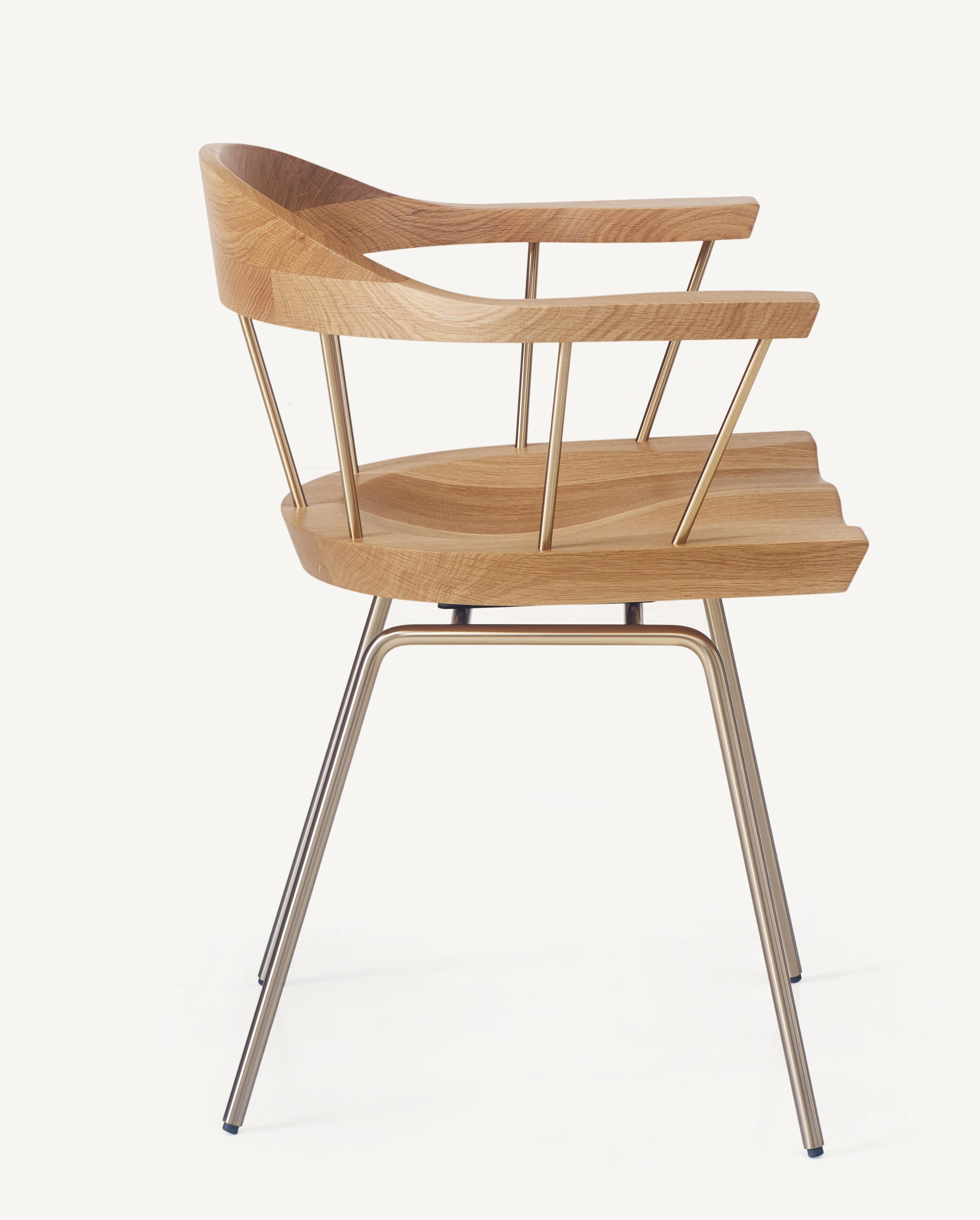 For Sale: Brown (Metal Satin Brass) Spindle Chair in Solid, Carved White Oak and Steel Designed by Craig Bassam 5