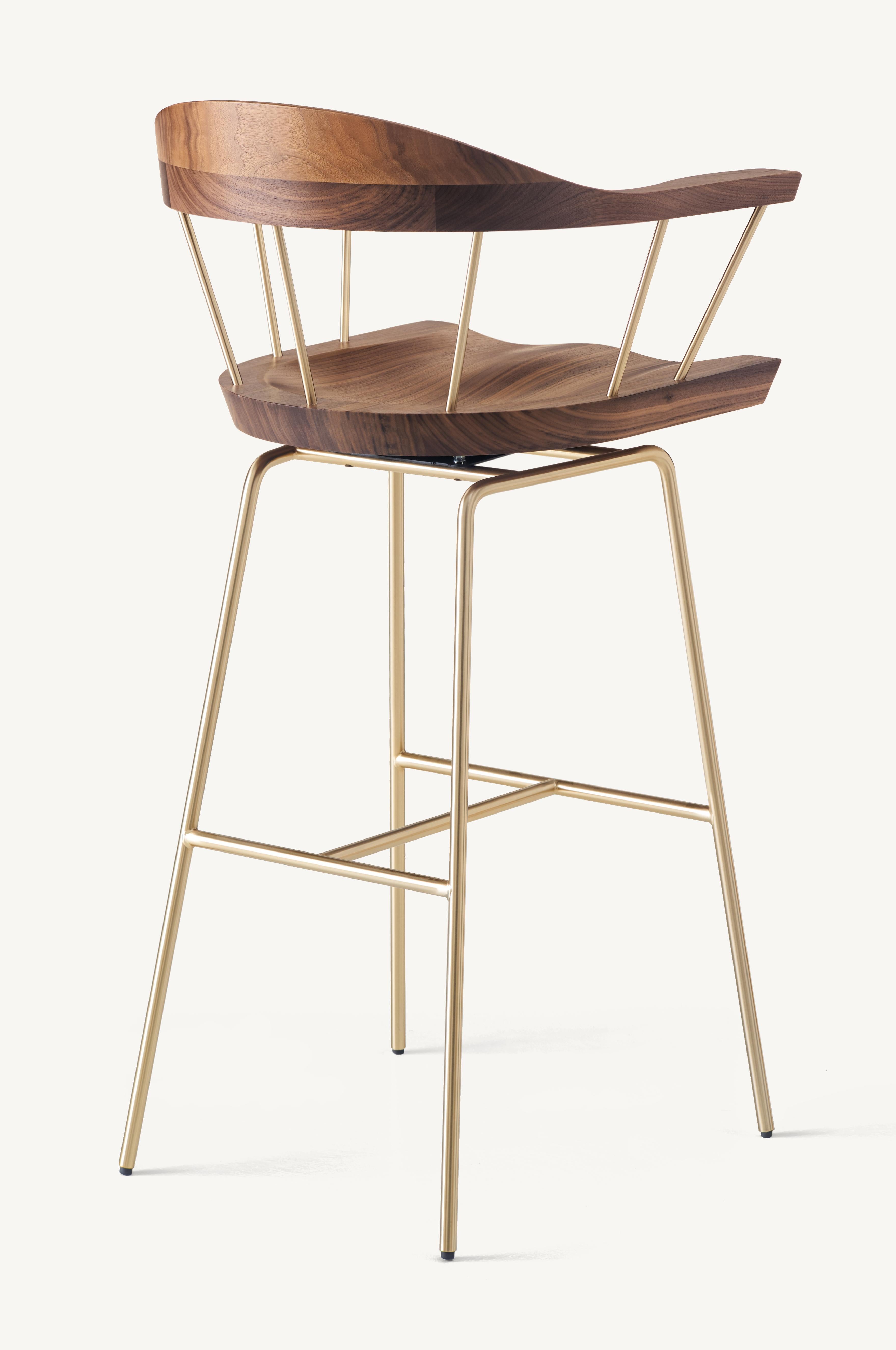 For Sale: Brown (Metal Satin Brass) Spindle Bar Chair in Solid Walnut and Steel Designed by Craig Bassam 2