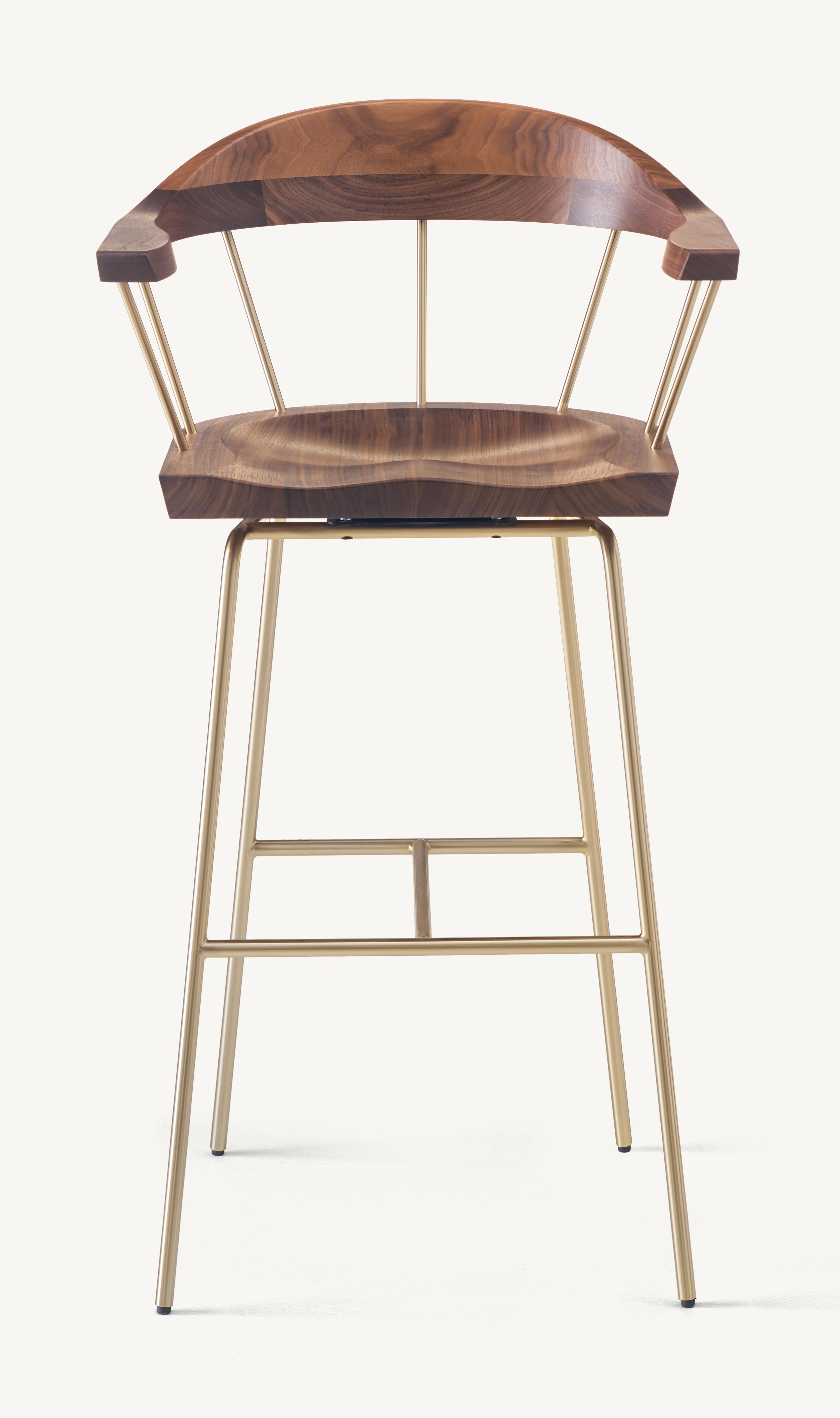 For Sale: Brown (Metal Satin Brass) Spindle Bar Chair in Solid Walnut and Steel Designed by Craig Bassam 3