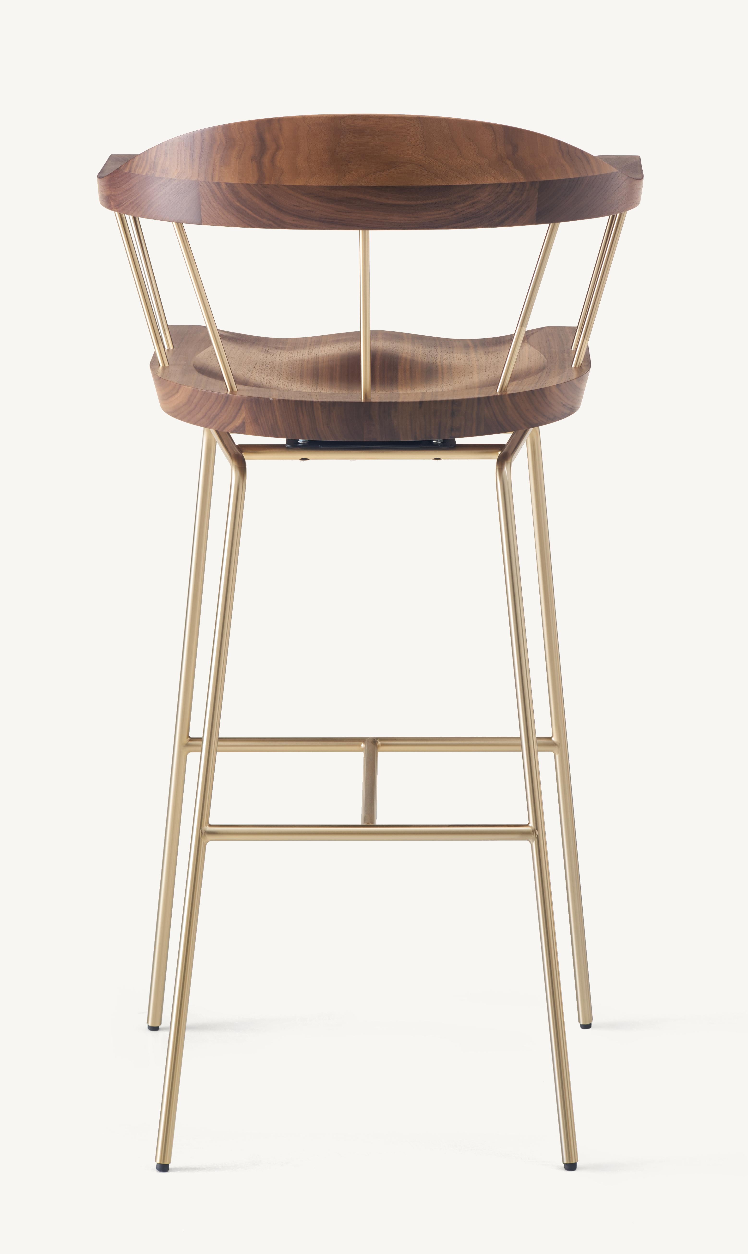 For Sale: Brown (Metal Satin Brass) Spindle Bar Chair in Solid Walnut and Steel Designed by Craig Bassam 4