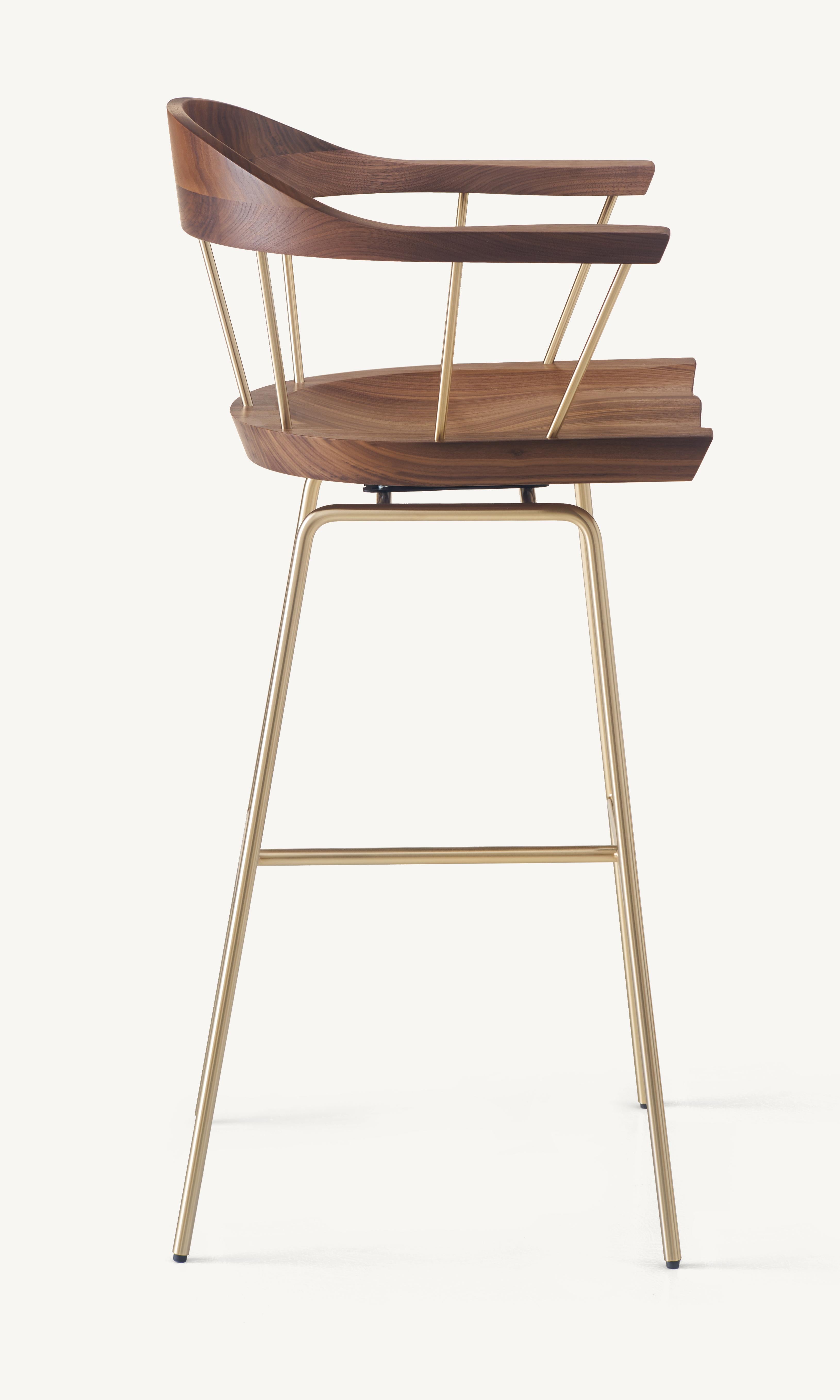 For Sale: Brown (Metal Satin Brass) Spindle Bar Chair in Solid Walnut and Steel Designed by Craig Bassam 5