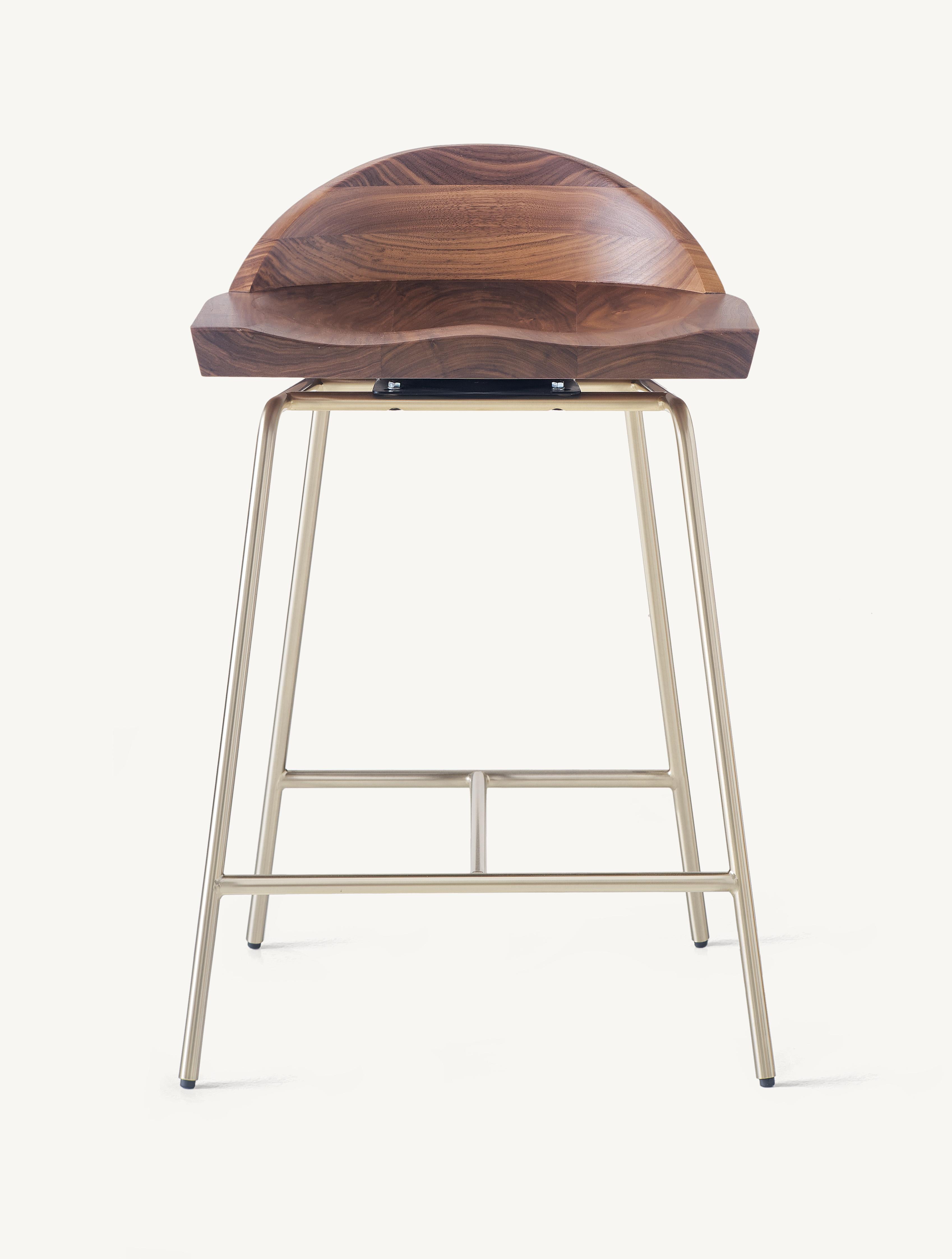 For Sale: Brown (Metal Satin Brass) Spindle Counter Stool in Solid Walnut and Steel Designed by Craig Bassam 3