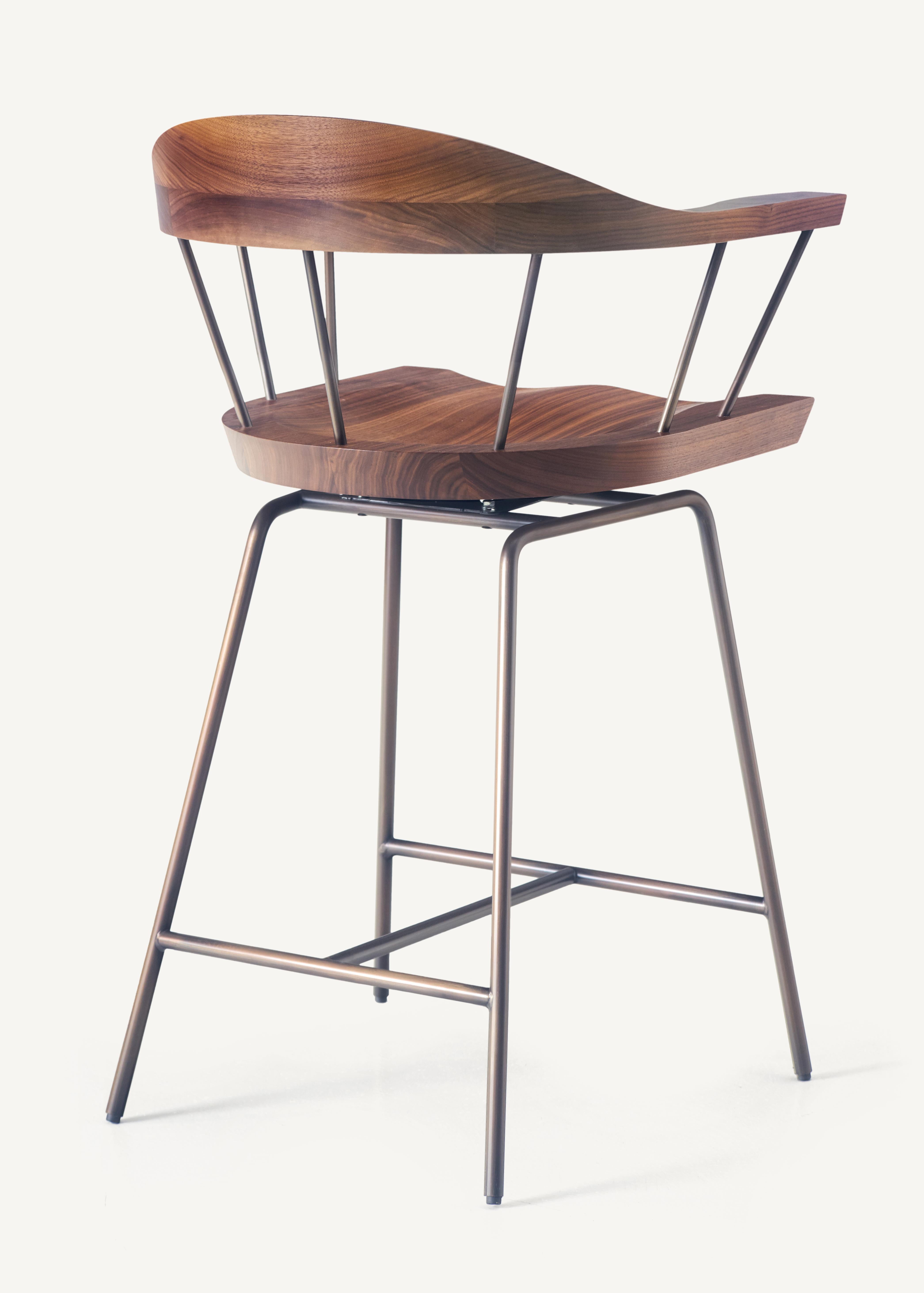 For Sale: Gray (Metal Bronze) Spindle Counter Chair in Solid Walnut and Steel Designed by Craig Bassam 2