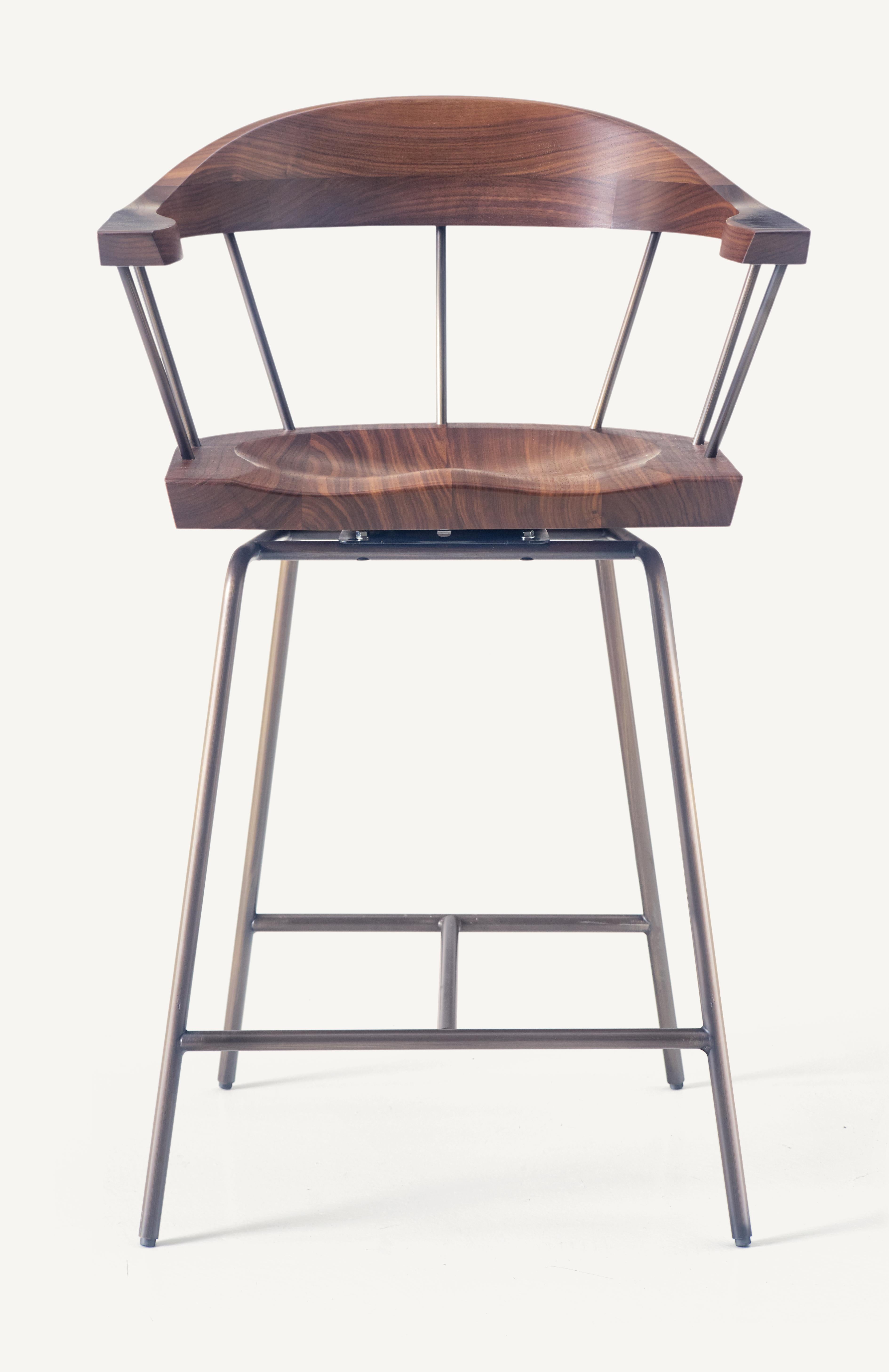 For Sale: Gray (Metal Bronze) Spindle Counter Chair in Solid Walnut and Steel Designed by Craig Bassam 3
