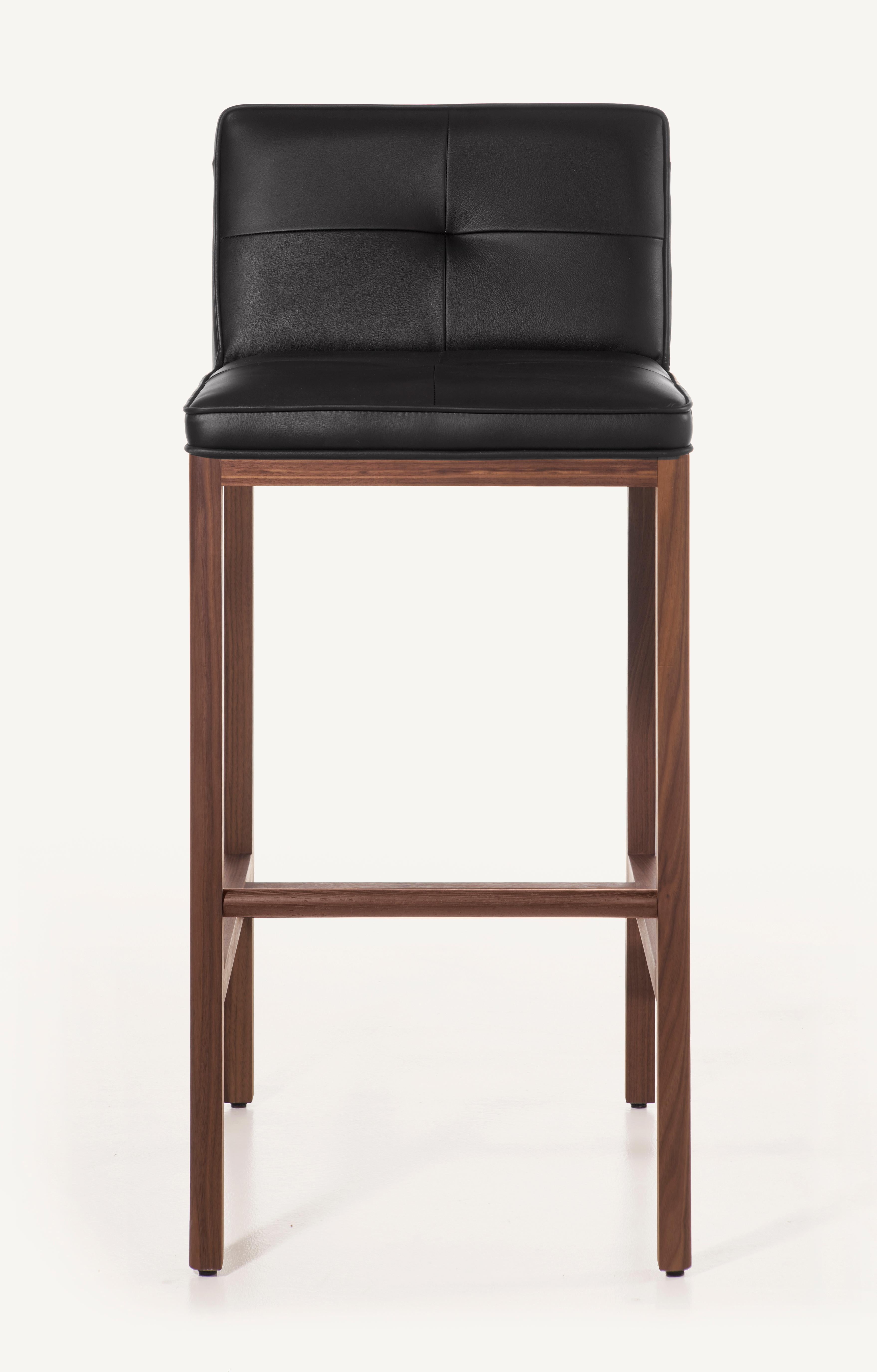 For Sale: Black (Comfort 99991 Black) Wood Frame Bar Stool in Walnut and Leather Designed by Craig Bassam 3