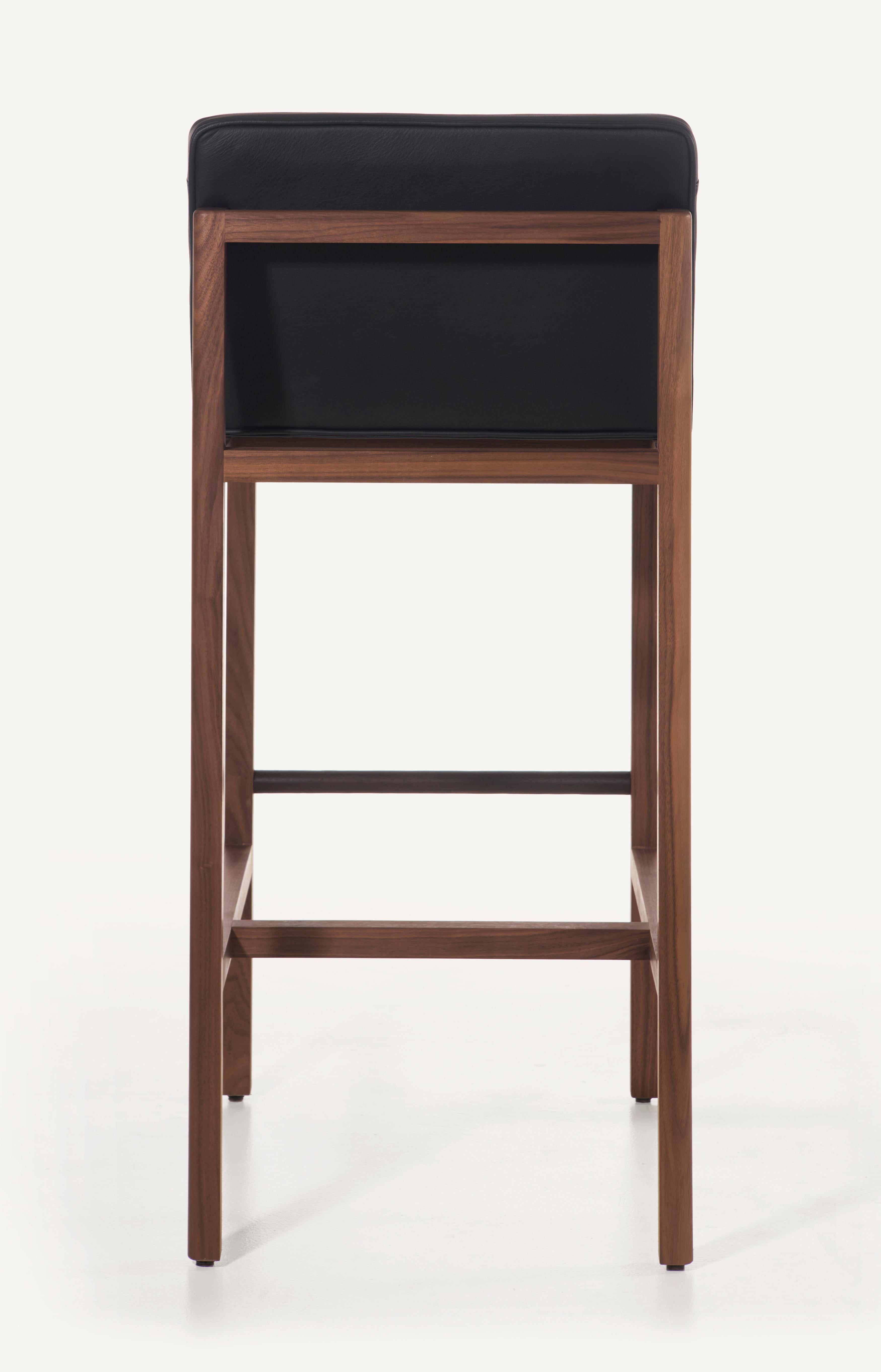 For Sale: Black (Comfort 99991 Black) Wood Frame Bar Stool in Walnut and Leather Designed by Craig Bassam 4