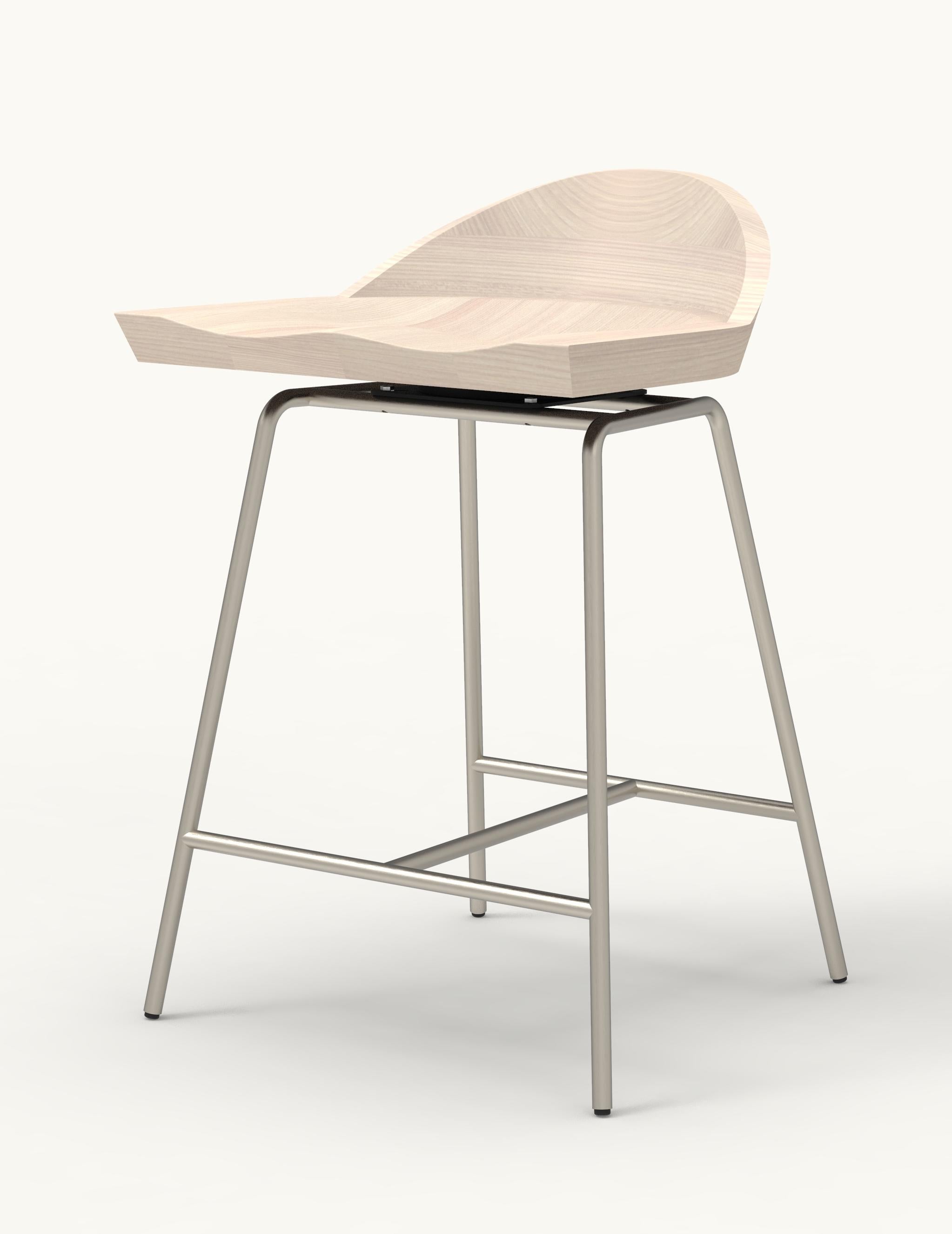 For Sale: Silver (Metal Satin Nickel) Spindle Counter Stool in Solid White Ash and Steel Designed by Craig Bassam