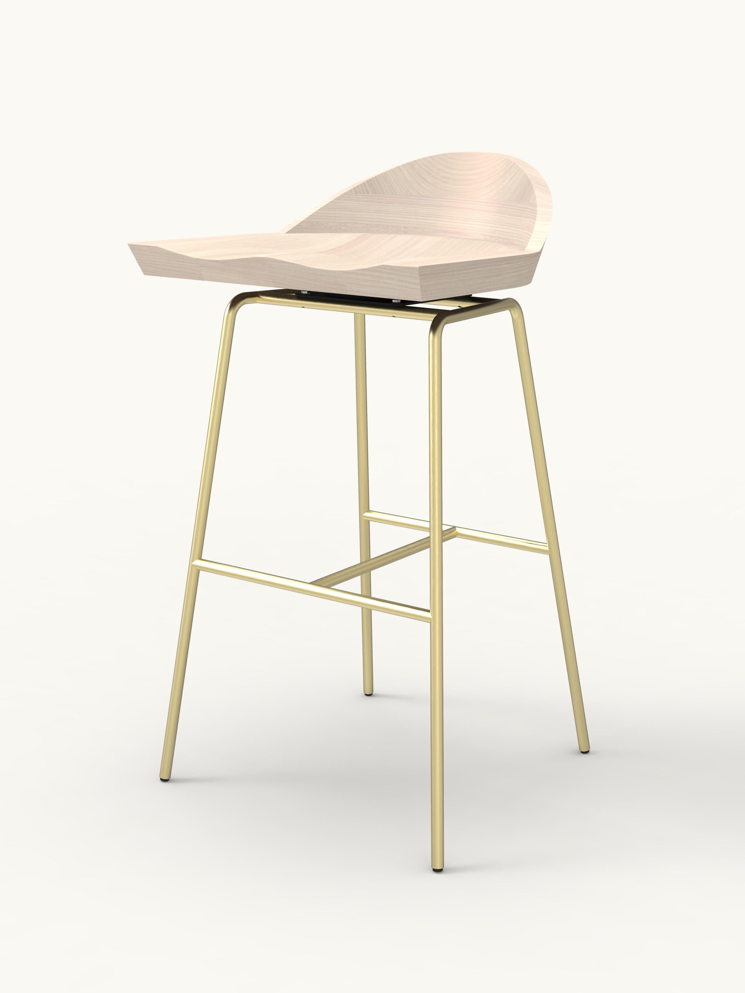 For Sale: Brown (Metal Satin Brass) Spindle Bar Stool in Solid White Ash and Steel Designed by Craig Bassam