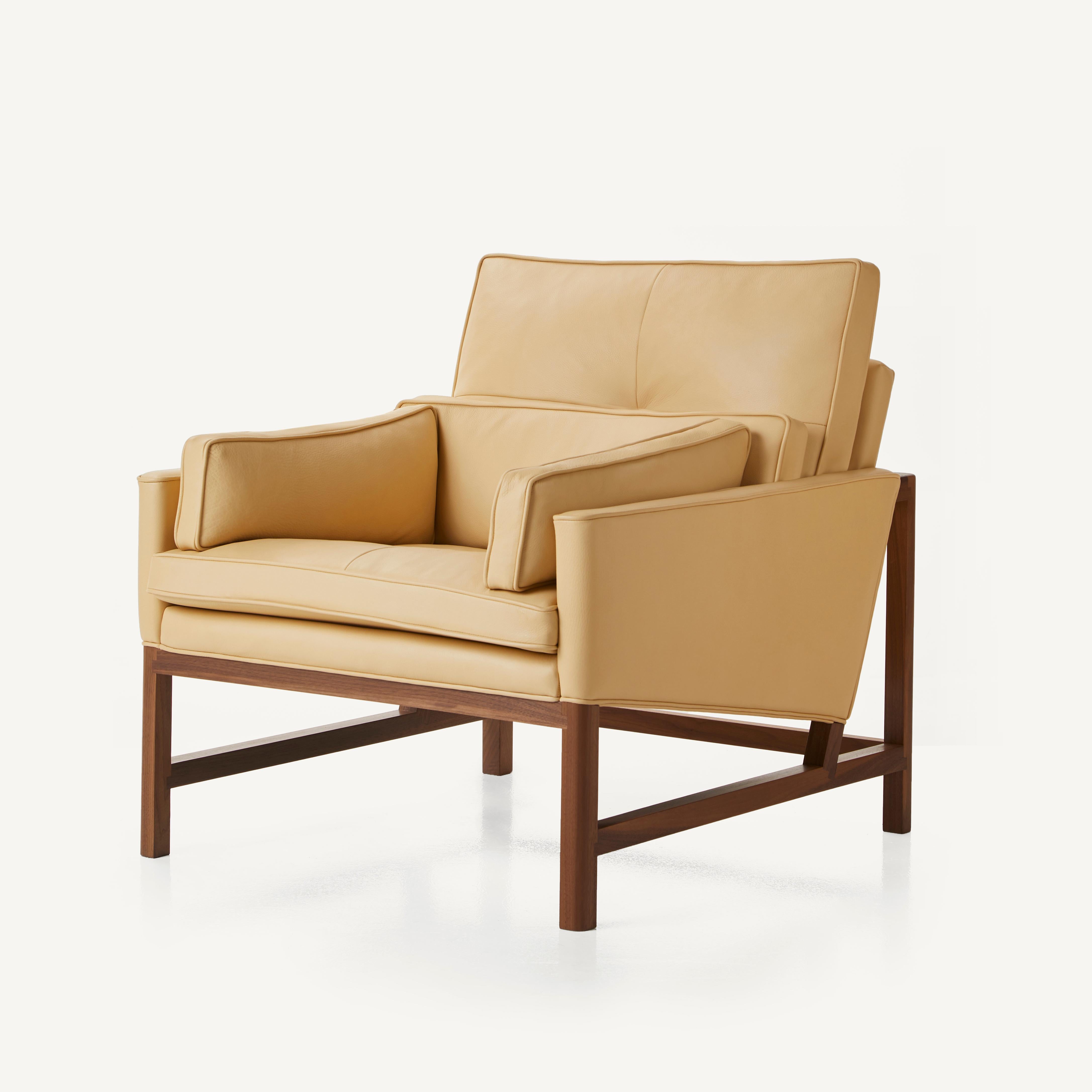 For Sale: Brown (Comfort 43632 Camel) Wood Frame Low Back Lounge Chair in Walnut and Leather Designed by Craig Bassam