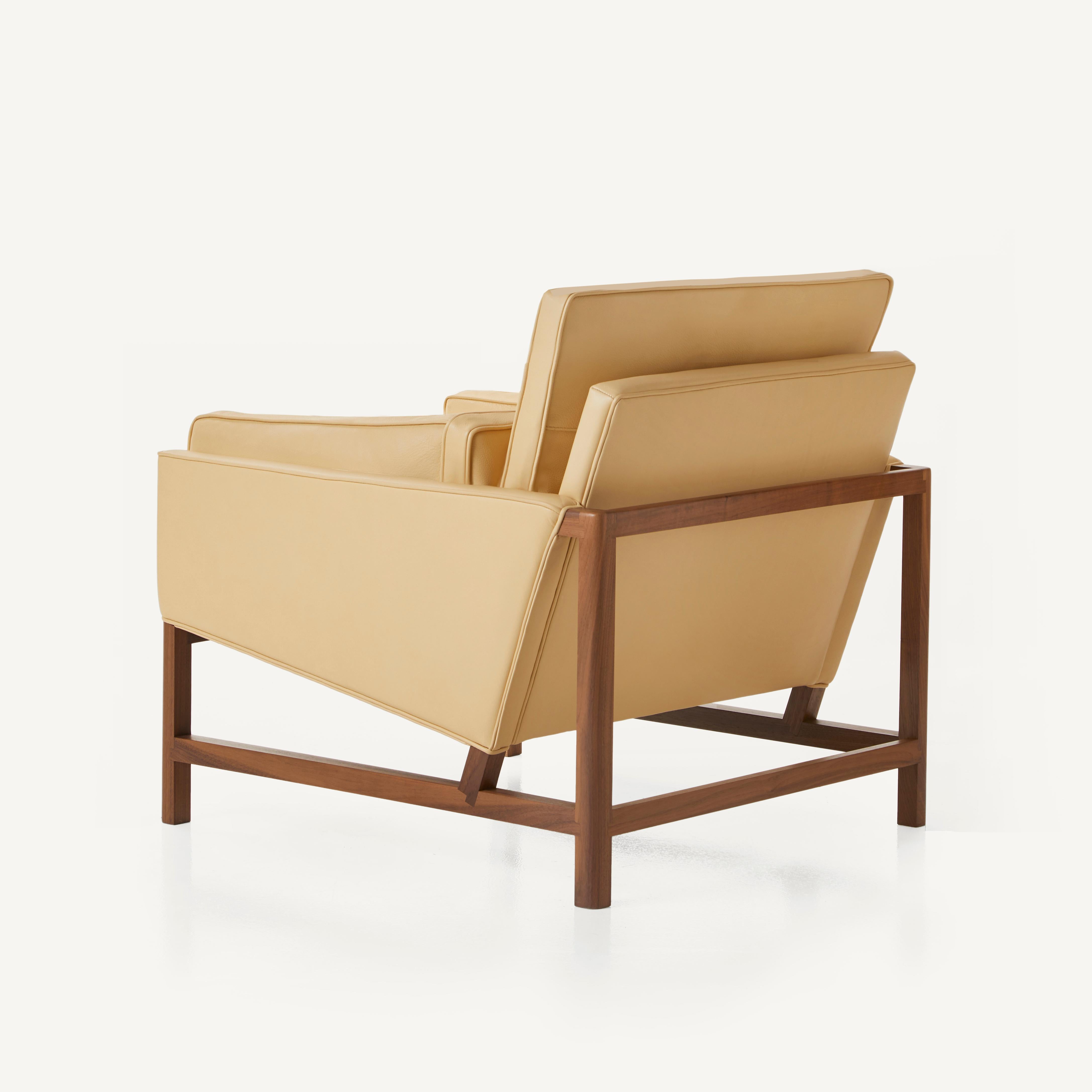 For Sale: Brown (Comfort 43632 Camel) Wood Frame Low Back Lounge Chair in Walnut and Leather Designed by Craig Bassam 2