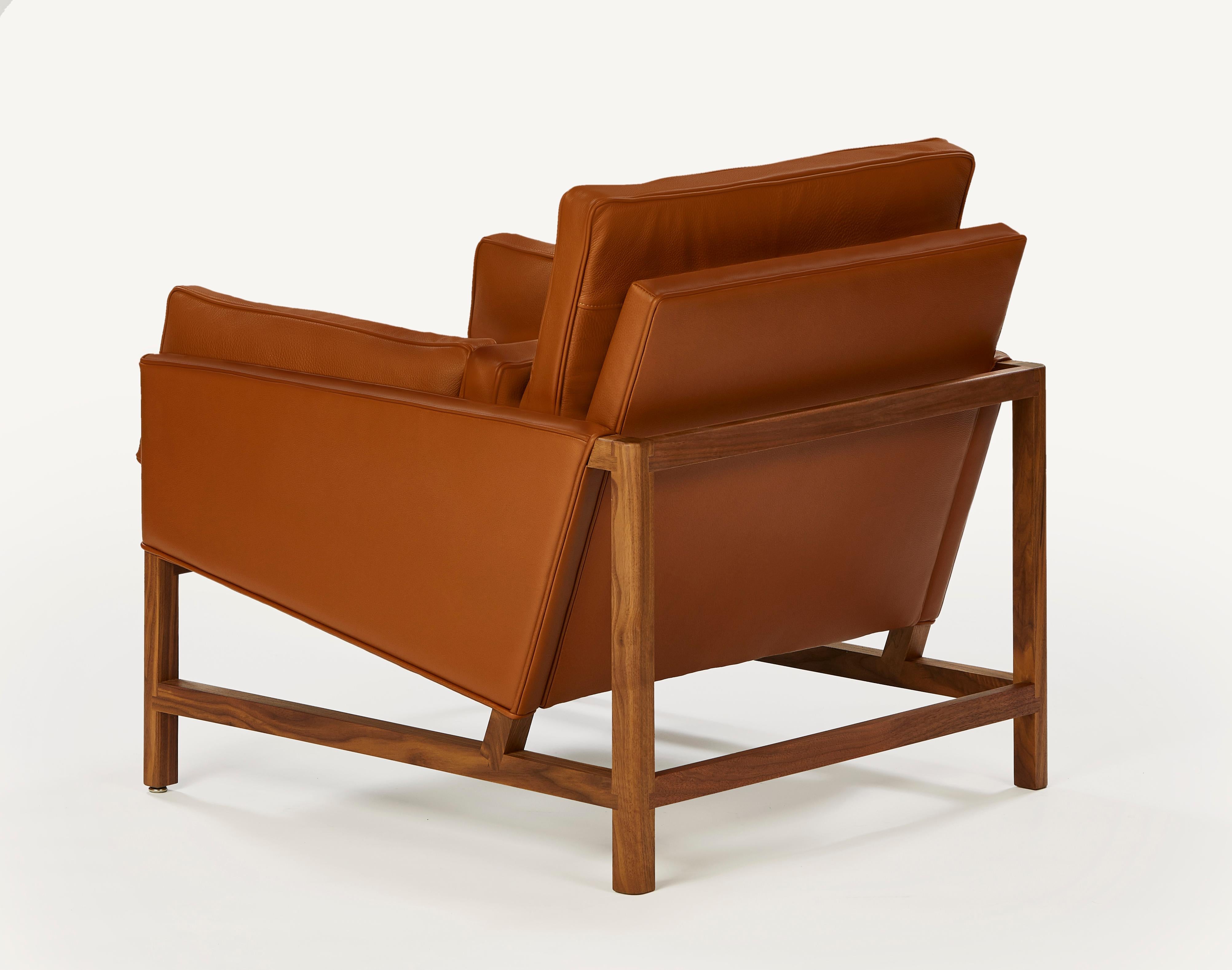 For Sale: Brown (Comfort 33286 Chestnut Brown) Wood Frame Low Back Lounge Chair in Walnut and Leather Designed by Craig Bassam