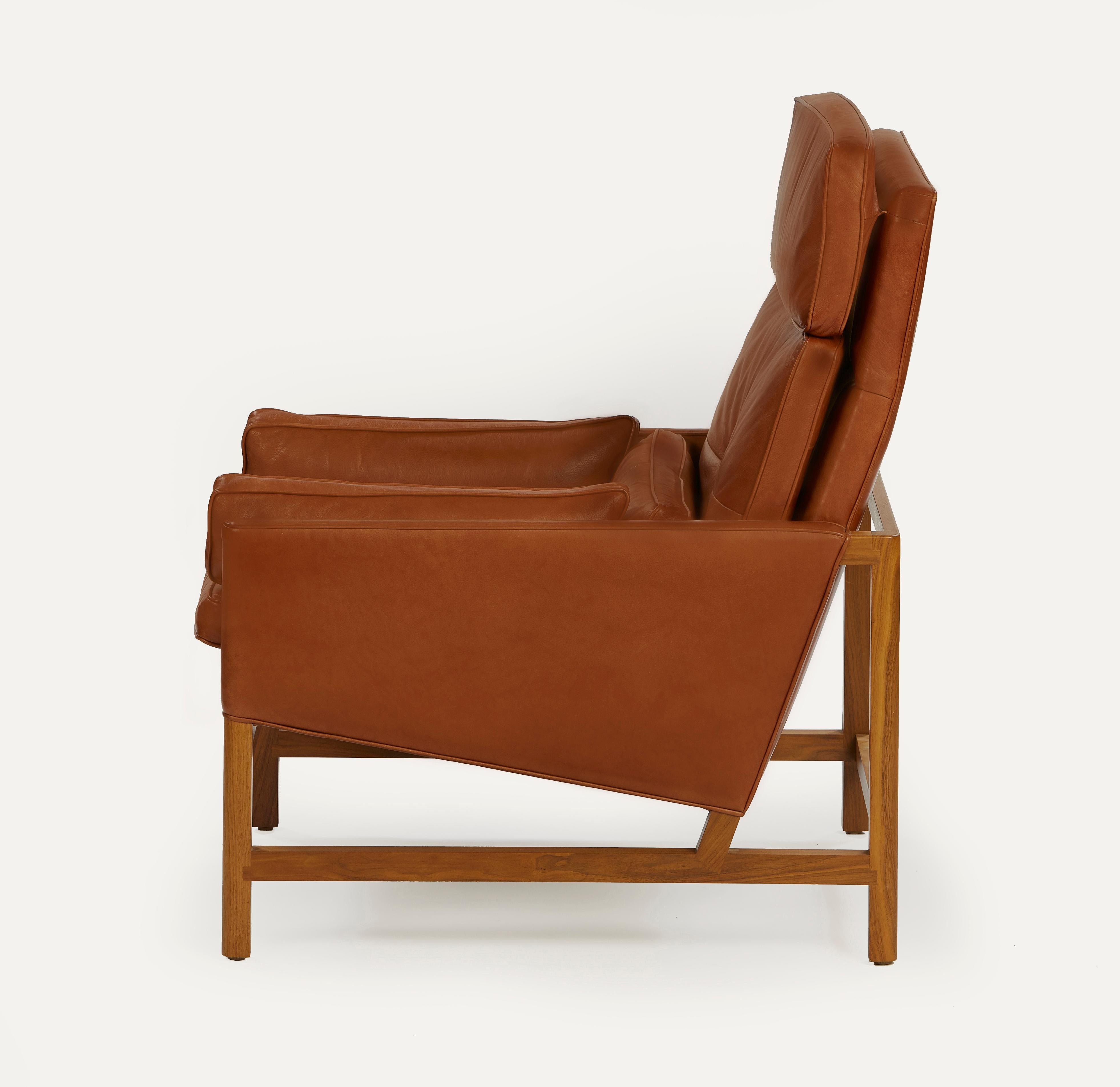 For Sale: Brown (Elegant 93718 Dark Cognac) Wood Frame High Back Lounge Chair in Walnut and Leather Designed by Craig Bassam