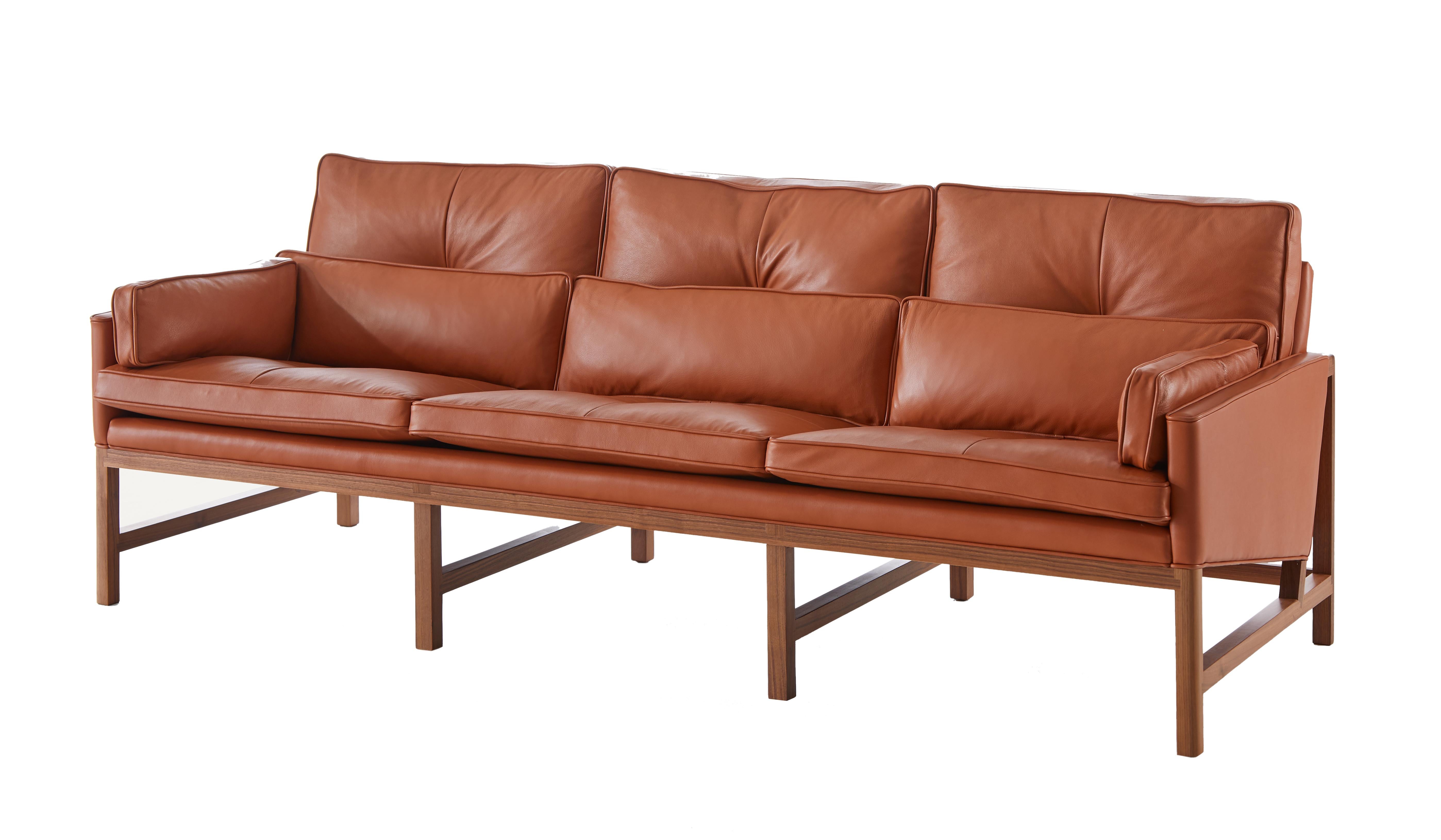 For Sale: Brown (Comfort 33286 Chestnut Brown) Wood Frame Low Back Sofa in Walnut and Leather Designed by Craig Bassam 2
