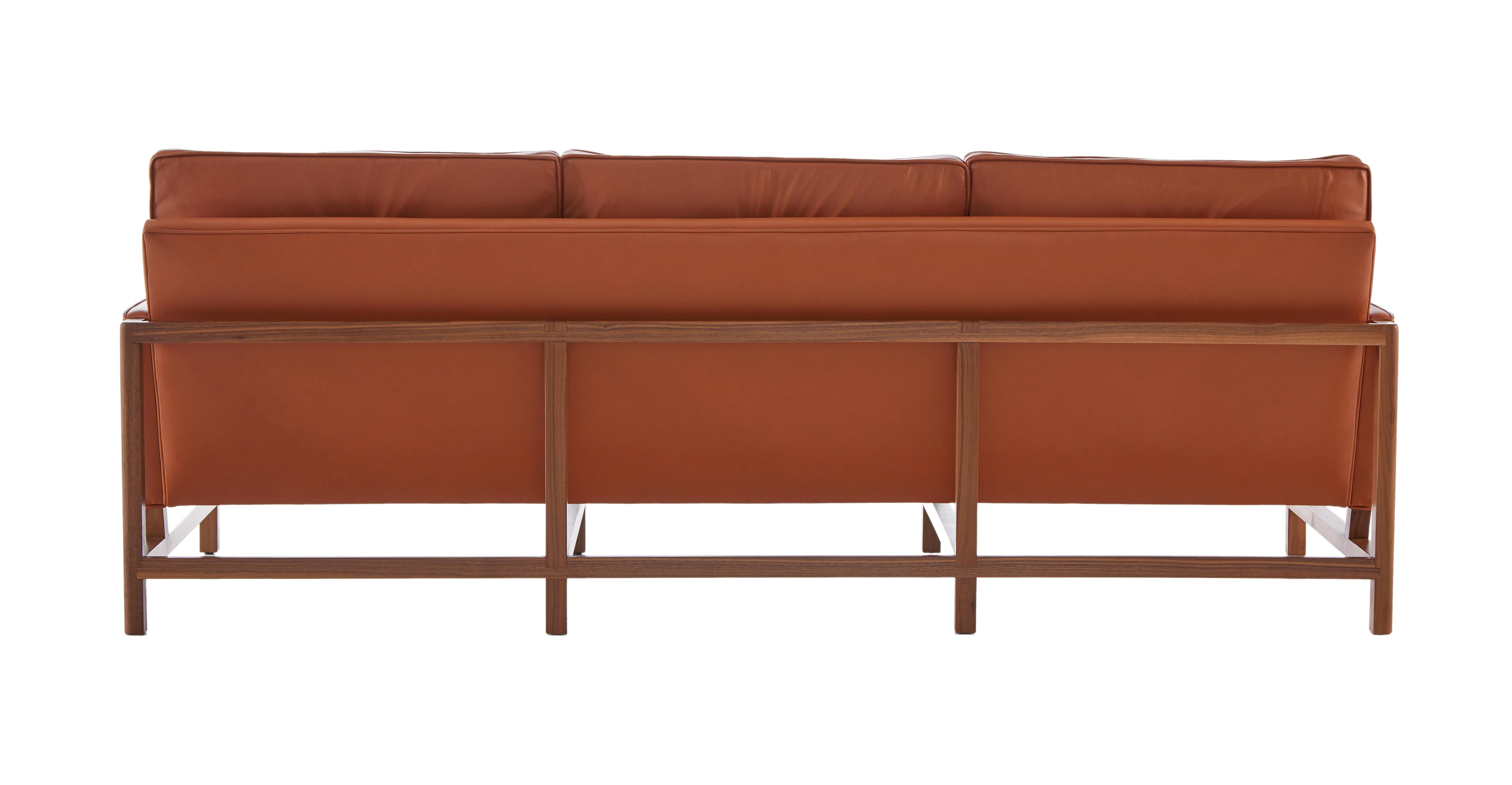For Sale: Brown (Comfort 33286 Chestnut Brown) Wood Frame Low Back Sofa in Walnut and Leather Designed by Craig Bassam 5